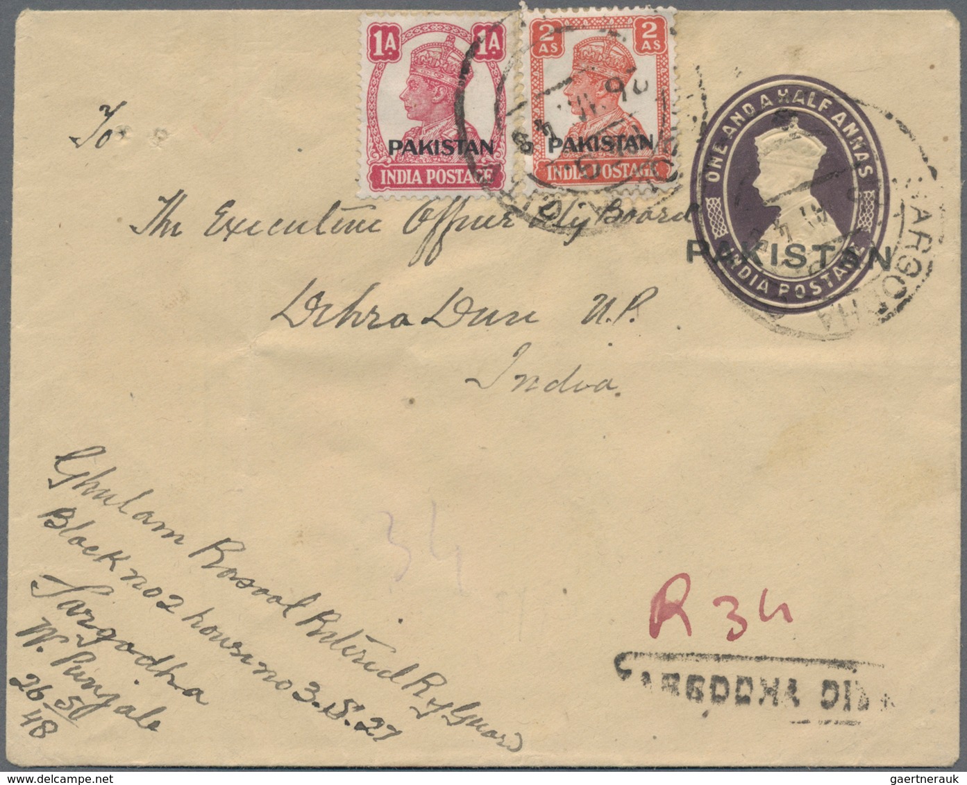 Pakistan: 1947, "Pakistan" Ovpts. On KGVI: Envelope 1 1/2 A. Uprated 1 A., 2 A. Tied "SARGODHA 26 AP - Pakistan