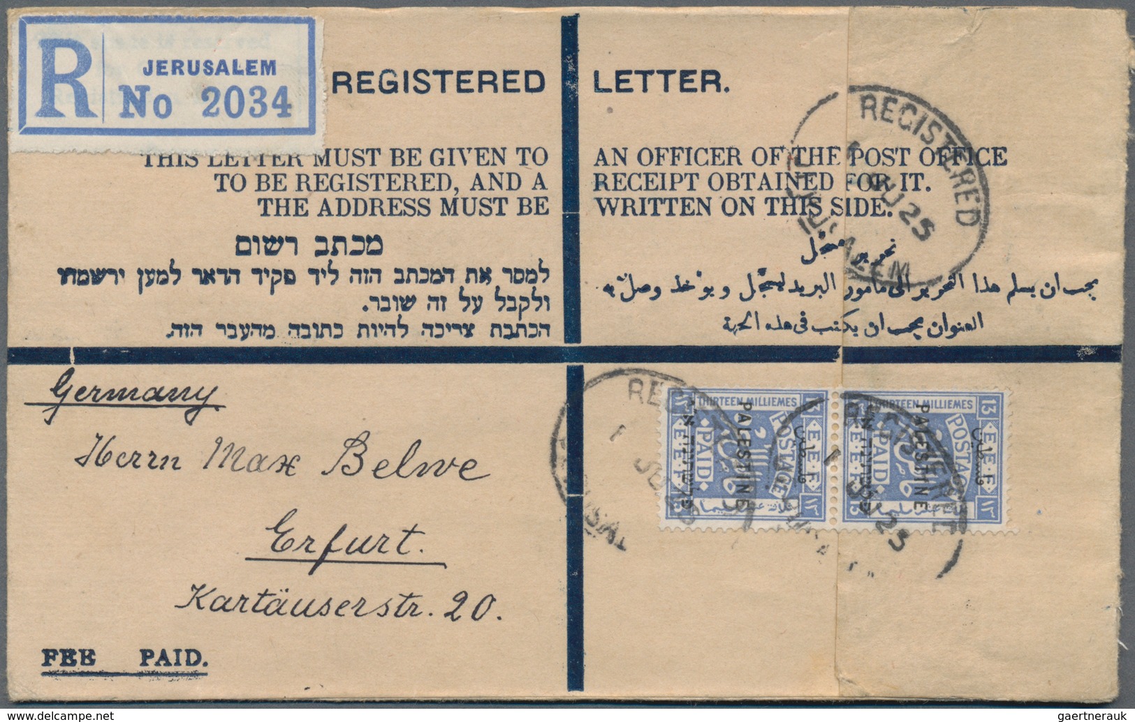Palästina: 1925, Small Size Registered Provisional Envelope Franked With Vertical Pair 13m. Ultramar - Palestina