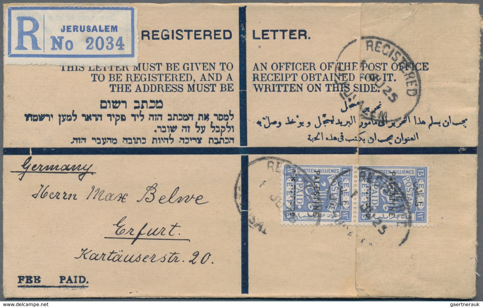 Palästina: 1925, Small Size Registered Provisional Envelope Franked With Vertical Pair 13m. Ultramar - Palestine