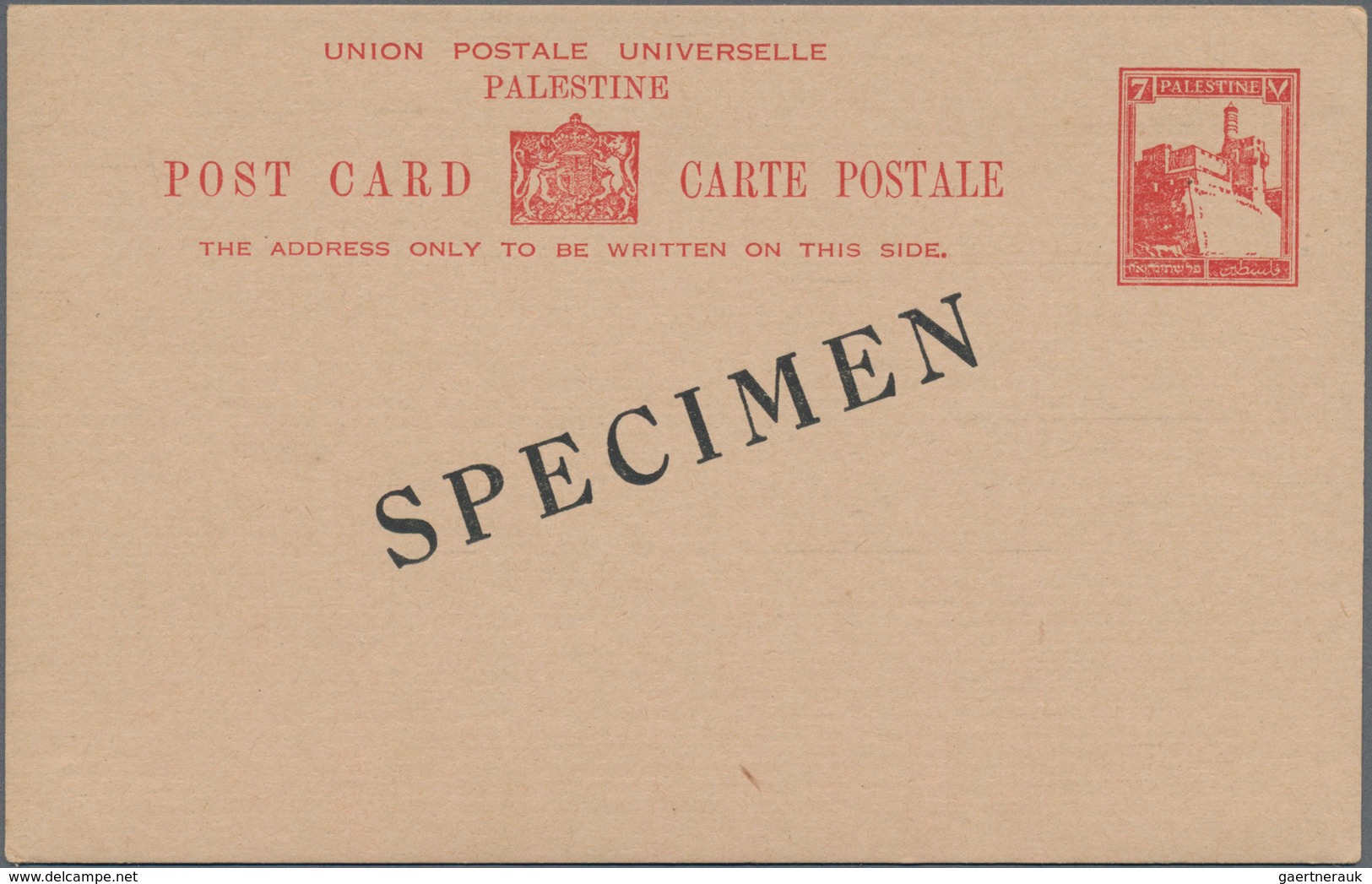 Palästina: 1927, 7 M Red Postal Stationery Card With Overprint "SPECIMEN" And Only With English Insc - Palästina