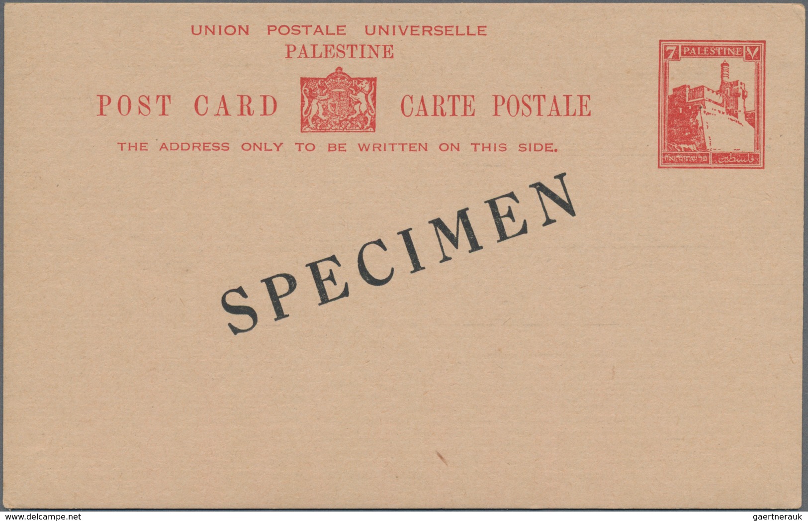 Palästina: 1927, 7 M Red Postal Stationery Card With Overprint "SPECIMEN" And Only With English Insc - Palestine