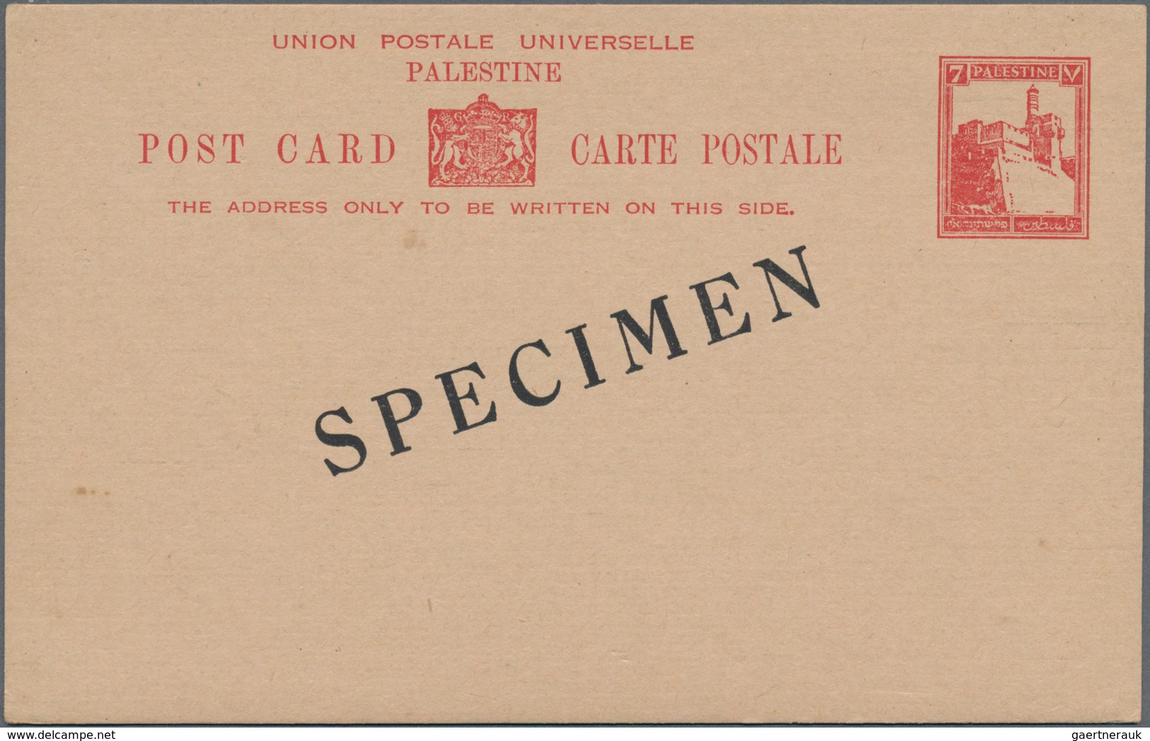 Palästina: 1927, 7 M Red Postal Stationery Card With Overprint "SPECIMEN" And Only With English Insc - Palästina