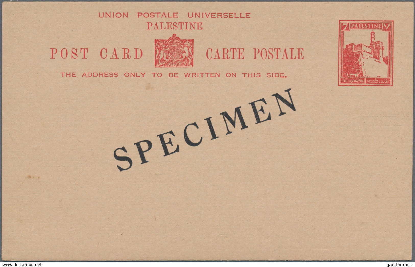 Palästina: 1927, 7 M Red Postal Stationery Card With Overprint "SPECIMEN" And Only With English Insc - Palestine