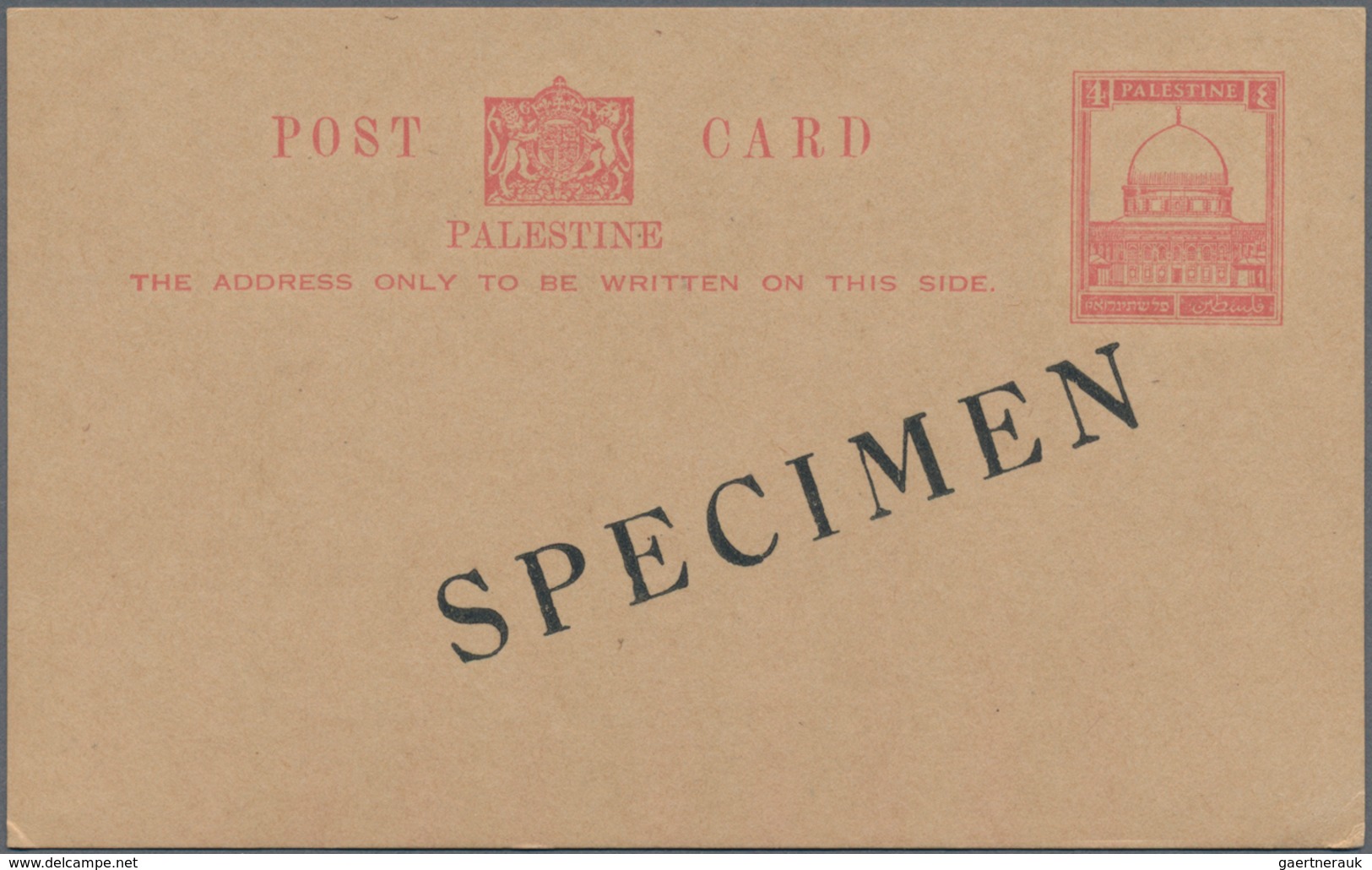 Palästina: 1927, 4 M Red Postal Stationery Card With Overprint "SPECIMEN" And Only With English Insc - Palestine