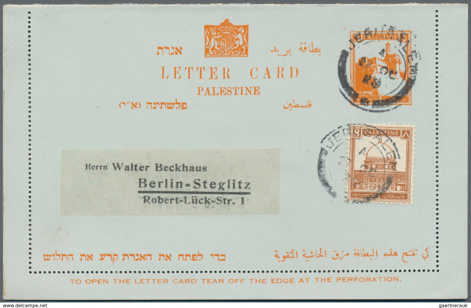 Palästina: 1929, Letter Card 5m. Yellow-orange Uprated By 8m. Bistre Used From "JERUSALEM 27 OC 29" - Palestine