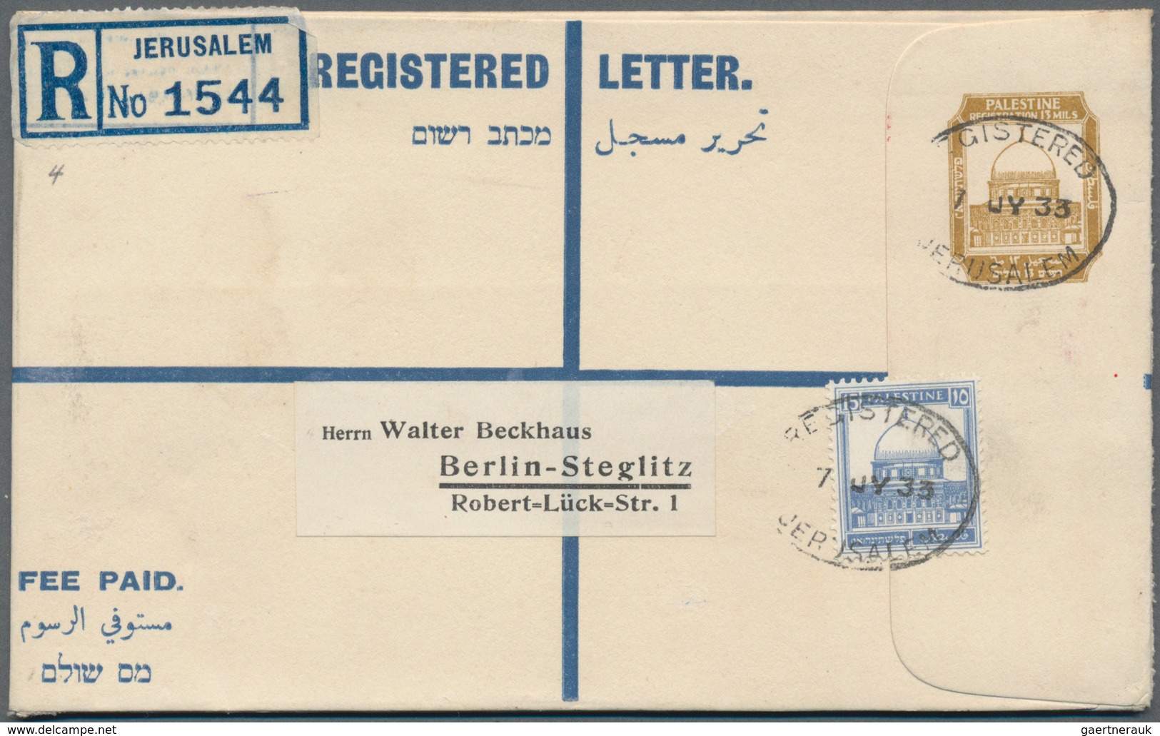 Palästina: 1930/1933, Two Uprated Registered Envelopes: Envelope 13m. Blue Uprated By 13m. Ultramari - Palästina