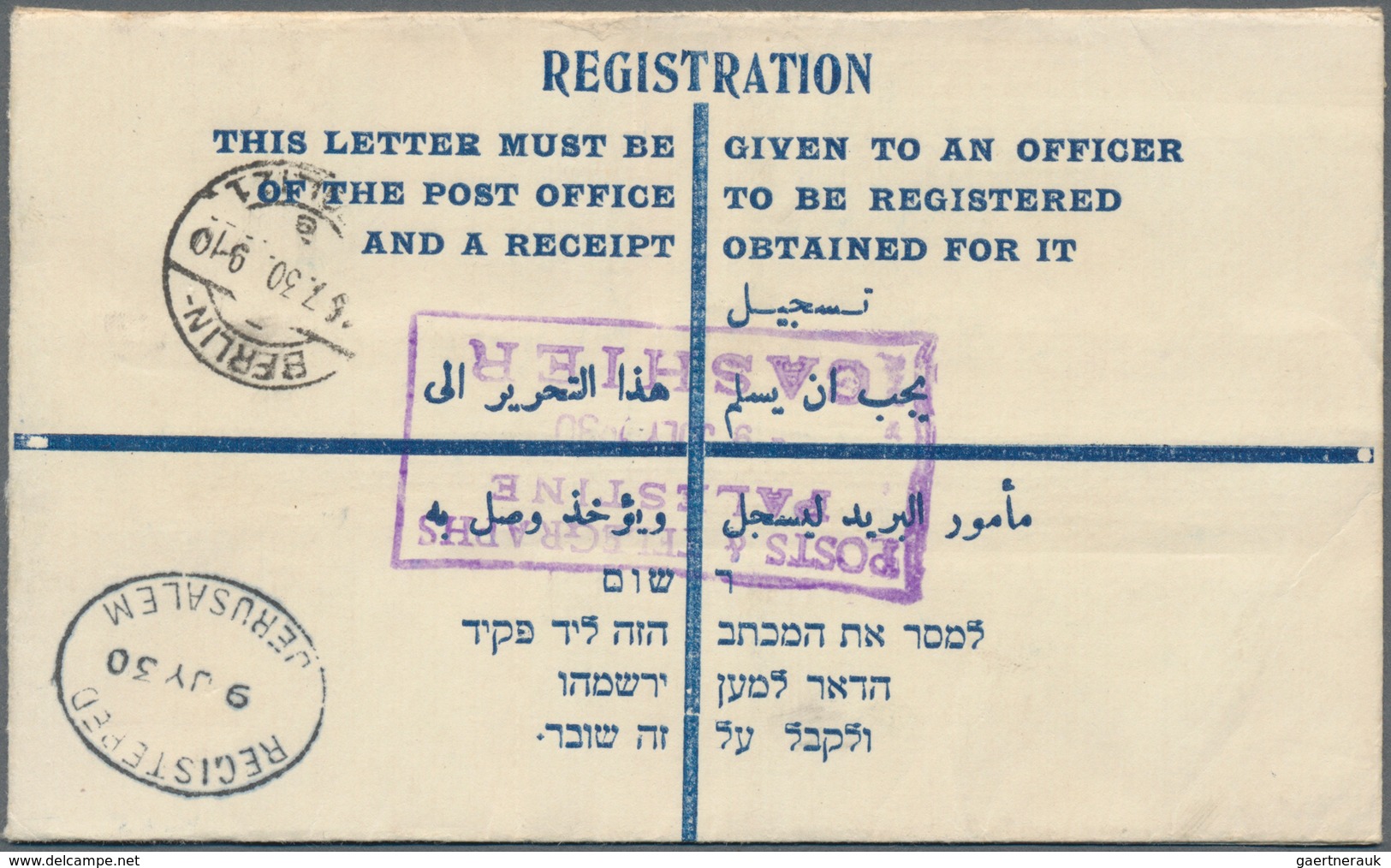 Palästina: 1930/1933, Two Uprated Registered Envelopes: Envelope 13m. Blue Uprated By 13m. Ultramari - Palestina