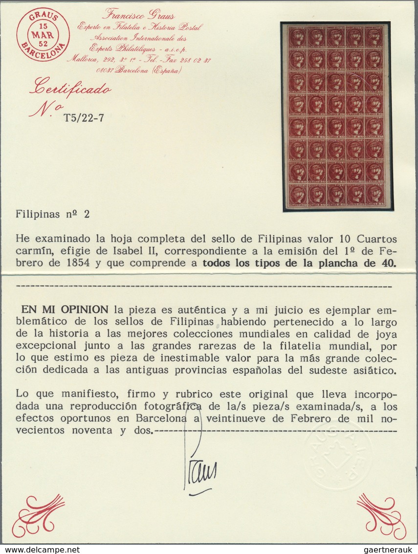 Philippinen: 1854, Isabel II, 10 Cuartos Carmine, A Full Sheet Of 40, Unused Mounted Mint With Origi - Philippinen