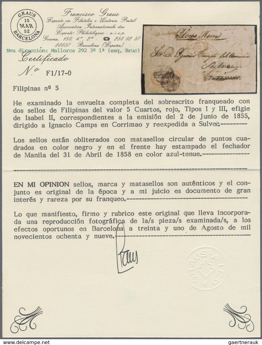 Philippinen: 1856, 5 Cuartos Red Pair On Folded Envelope. MANILA To CORRIMAO And Redirected To Sulve - Filippijnen
