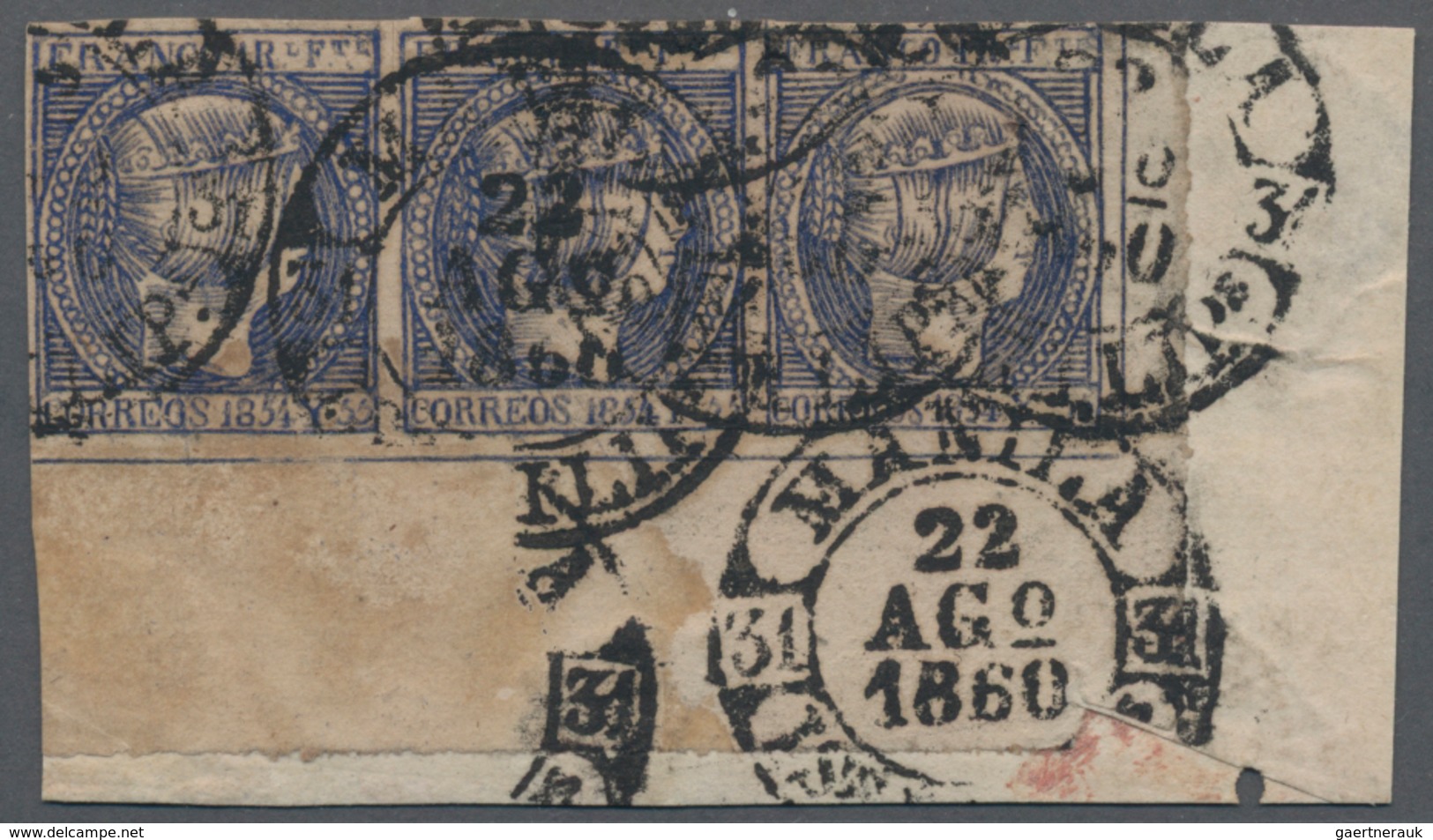 Philippinen: 1860, 1 Real Bright Blue, Strip Of Three, Corner Of Sheet On Small Fragment Tied By Cle - Philippines