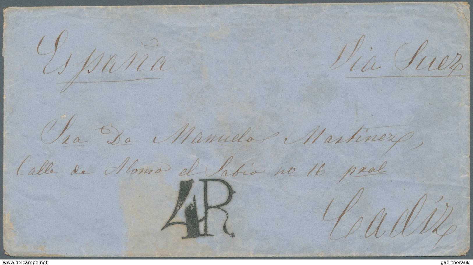 Philippinen: 1860, Cover Endorsed "4R" And "Espana / Via Suez" To Cadiz W. "SAN ROQUE 28 MAR 60" And - Filippijnen