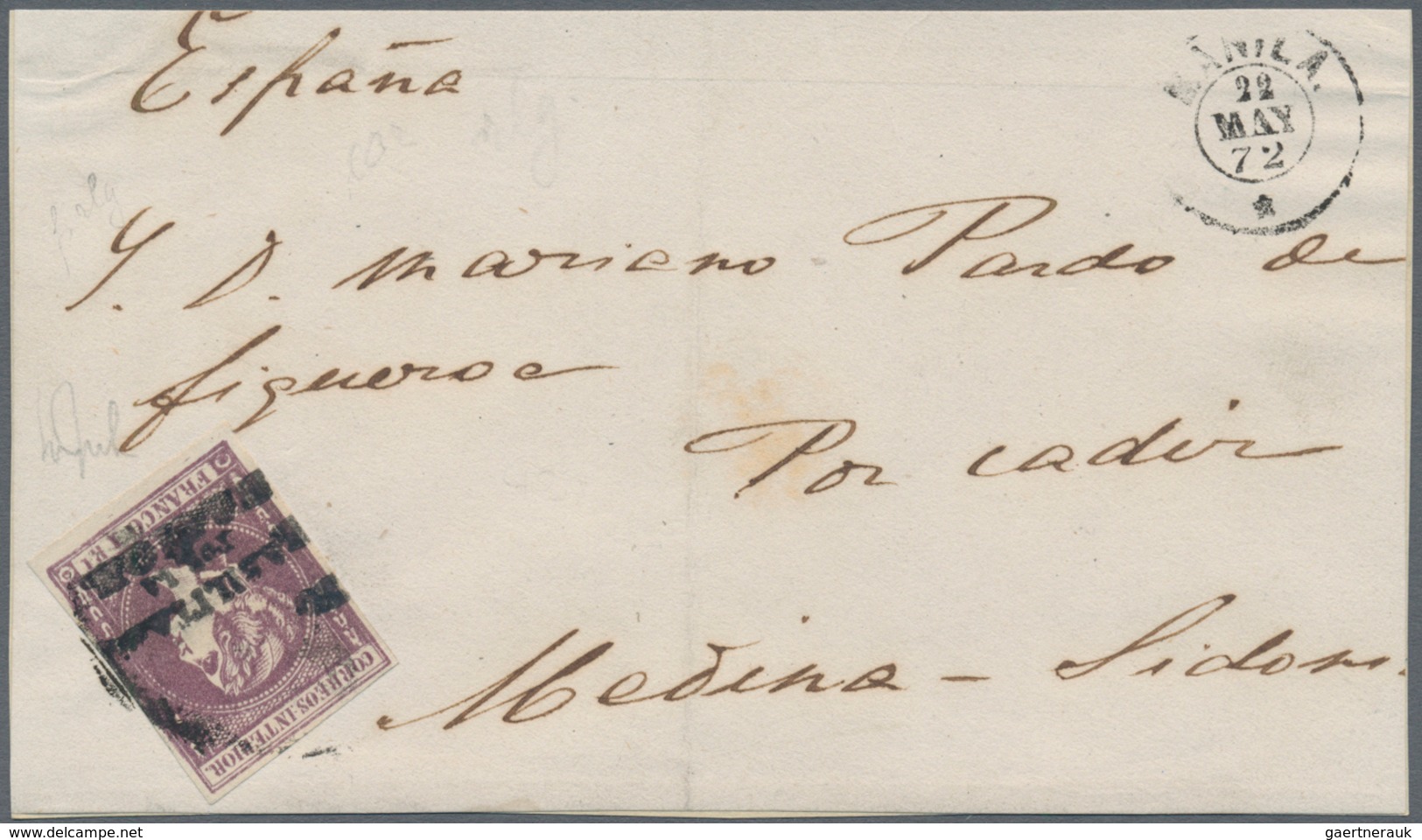 Philippinen: 1861, 1 Real Violet Ovpt. "habilitado / Por La / Naction", On Front Cover To Medina Sid - Philippines