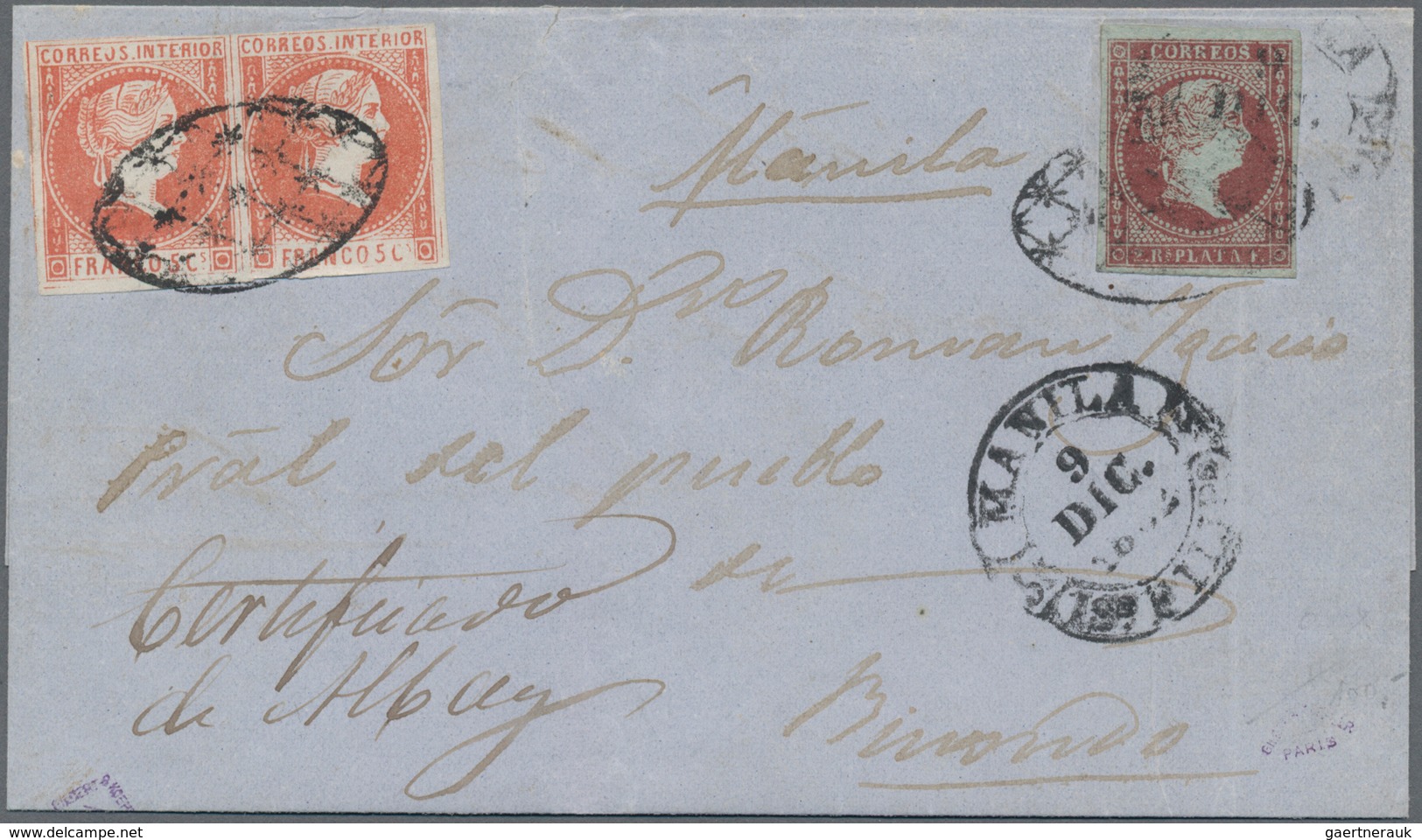 Philippinen: 1862, Pair 5 Cuartos Vermilion And Single 2 Reales Carmine On Blueish Paper. ALBAY To M - Filippijnen