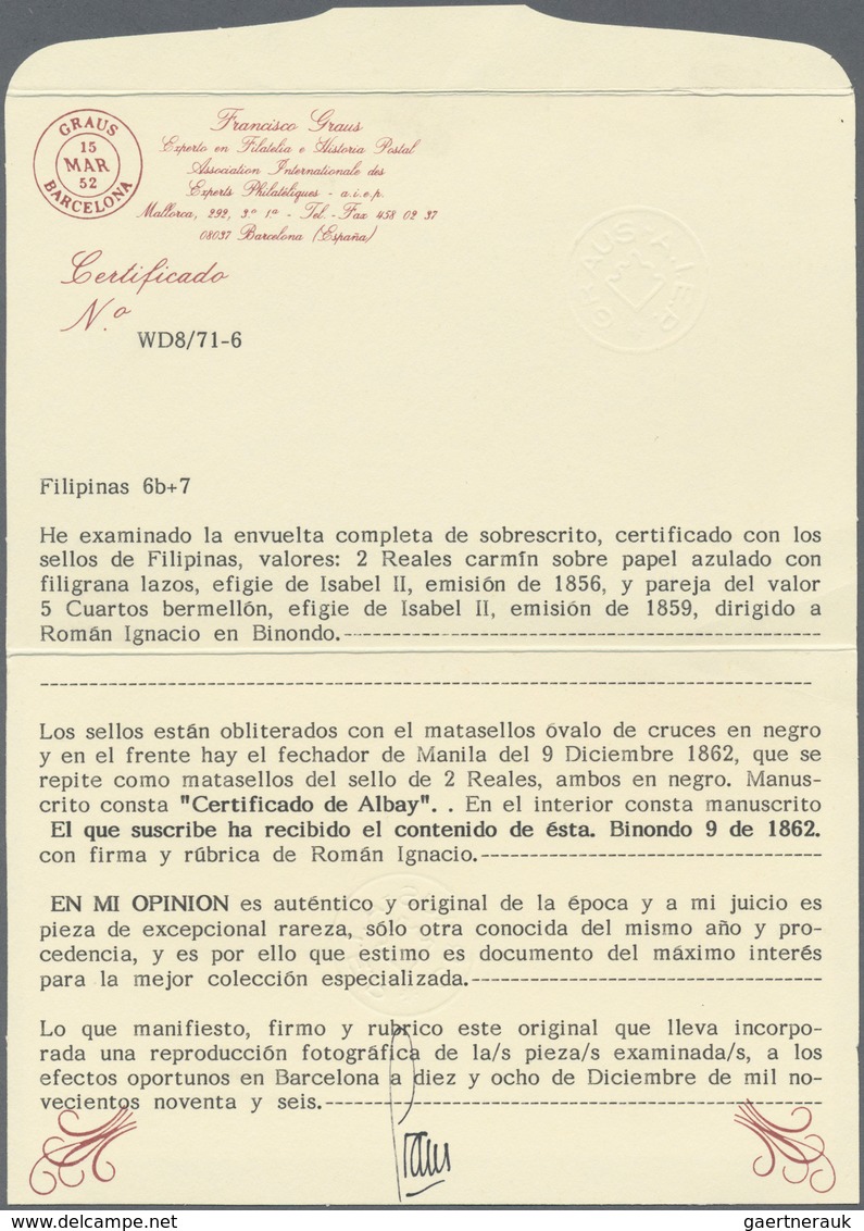 Philippinen: 1862, Pair 5 Cuartos Vermilion And Single 2 Reales Carmine On Blueish Paper. ALBAY To M - Filippijnen