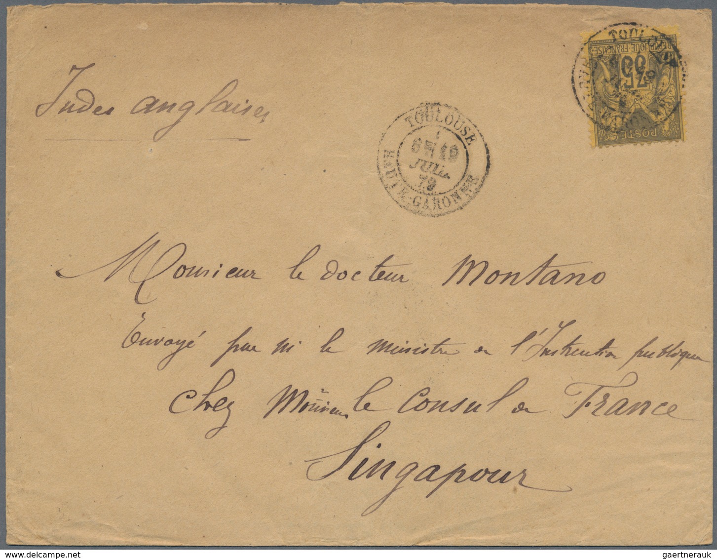Philippinen: 1879. Envelope Addressed To The French Scientific Mission In Singapore Bearing French T - Filippijnen