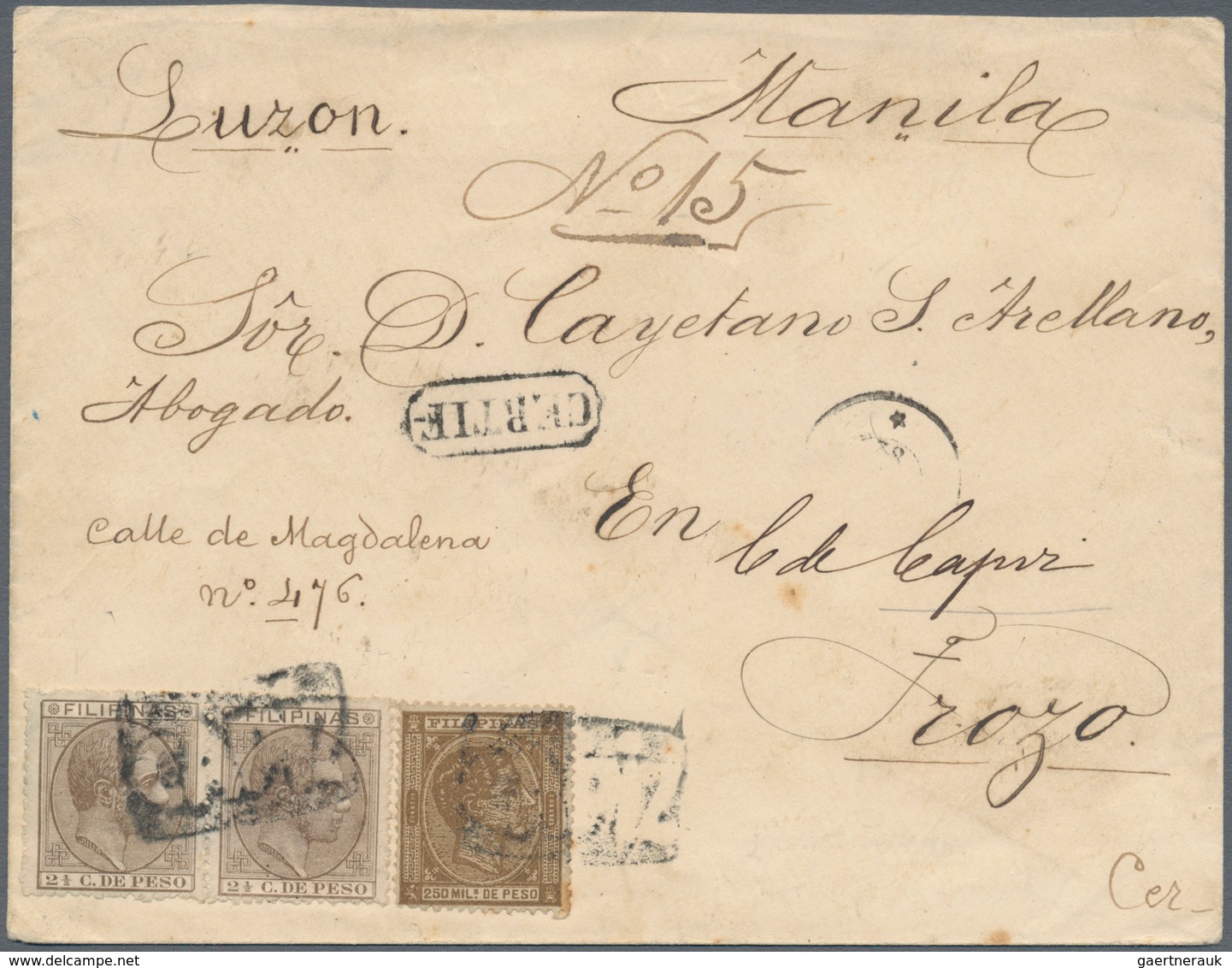 Philippinen: 1879/80, 250 Mils.brown, 2 ½ Cts Brown (horizontal Pair), On Registered Cover From Capi - Philippinen