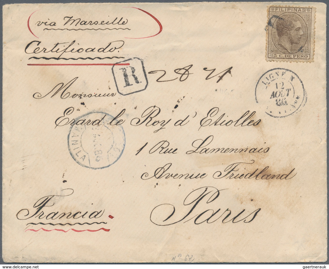 Philippinen: 1880/83, 25 Cts. Brown Tied "R" To Cover From Manila To Paris W. Blue "MANILA 8 AUG 86" - Philippines