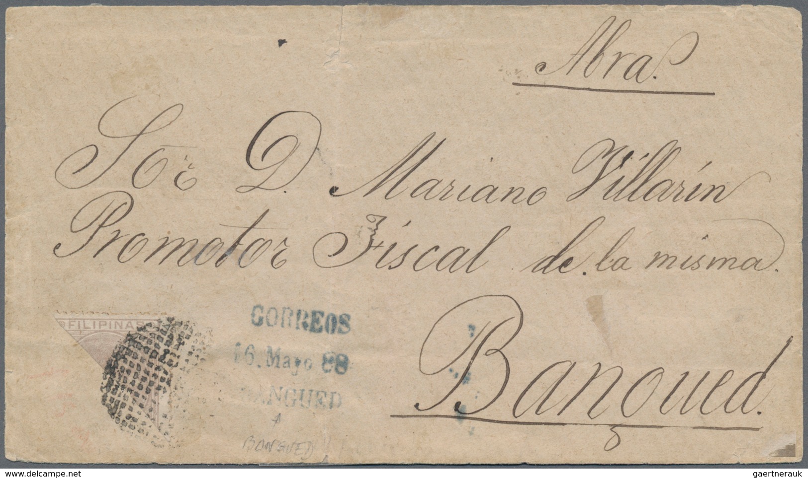 Philippinen: 1888, 10 Cts. Lilac Bisected On Cover To BANGUED. Postmark "GRILL OF POINTS" And "CORRE - Filippijnen