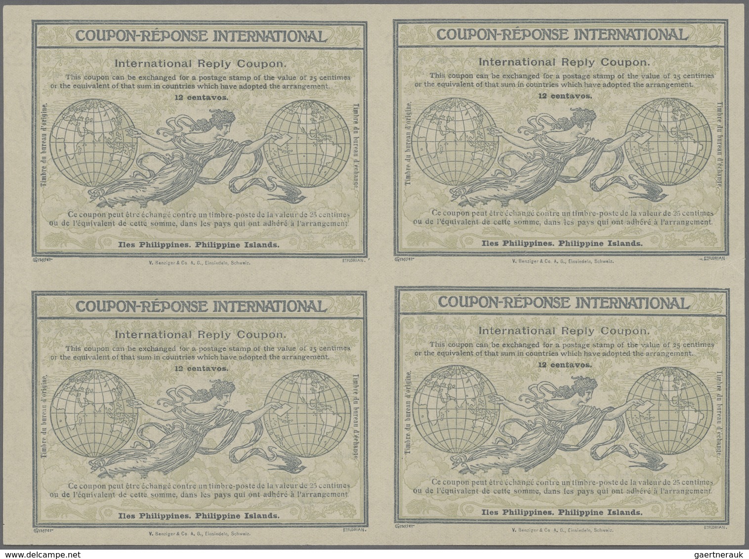 Philippinen - Ganzsachen: 1911. International Reply Coupon 12 Centavos (Rom Type) In An Unused Block - Filippijnen