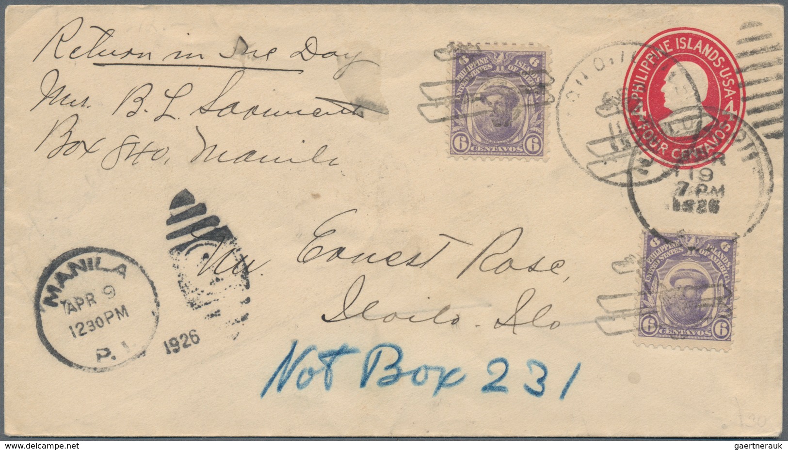 Philippinen - Ganzsachen: 1926, 4 C Red Postal Stationery Cover With Additional Franking 2x 6 C Viol - Philippinen