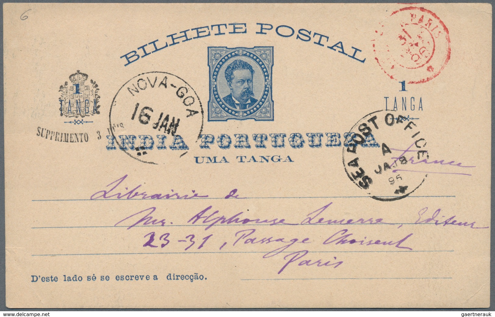 Portugiesisch-Indien: 1896, 1 Tanga Stationery Card Sent From "NOVA-GOA" Via "SEA POST OFFICE A" To - Portugiesisch-Indien