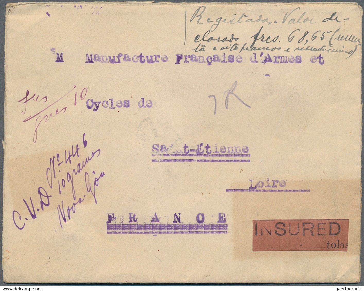 Portugiesisch-Indien: 1924, 5t. On 8t. Orange, Two Copies On Reverse Of Insured Letter (opened At Th - Portugiesisch-Indien