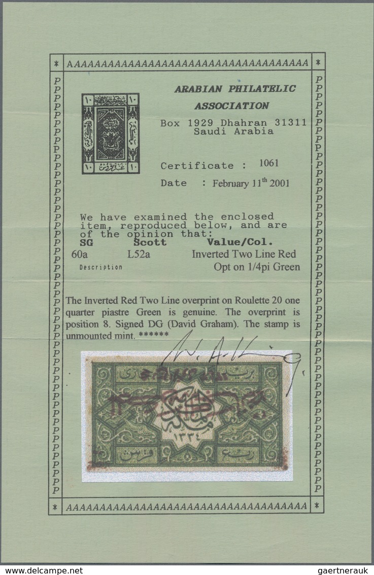 Saudi-Arabien - Hedschas: 1925, ¼pi. Green With INVERTED Red Overprint, Min Never Hinged, Some Gum T - Saoedi-Arabië