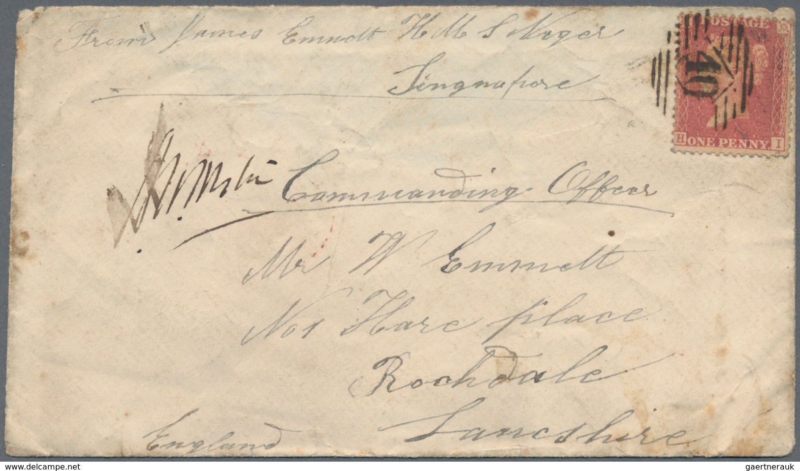 Singapur: 1858, Great Britain 1 D. Carmine With Numer "40" On Seaman Envelope With Handwritten Endor - Singapur (...-1959)