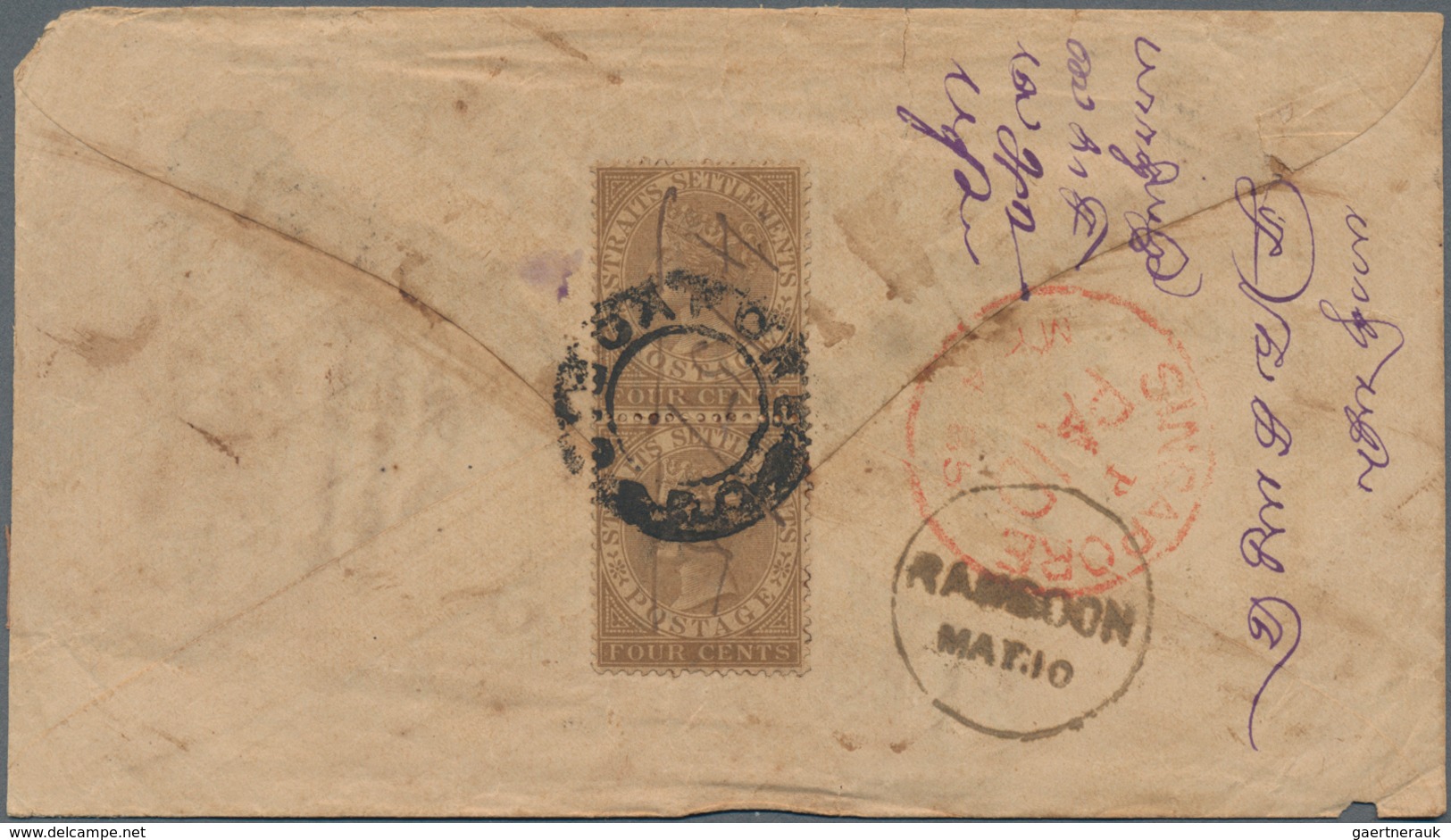 Singapur: 1885 Cover From Singapore To Rangoon, Burma Franked On The Reverse By Straits 4c. Brown Ve - Singapore (...-1959)