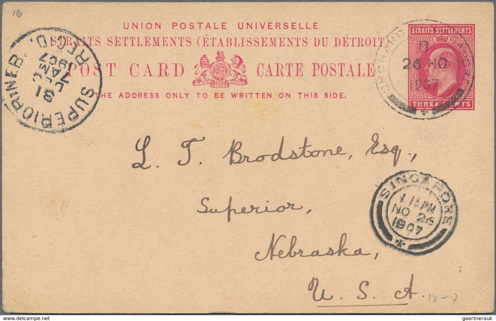 Singapur: 1907, Stationery Card KEVII 3 C. Canc. "ORCHARD ROAD SINGAPORE 26 NO 1907" To Superior/Neb - Singapore (...-1959)