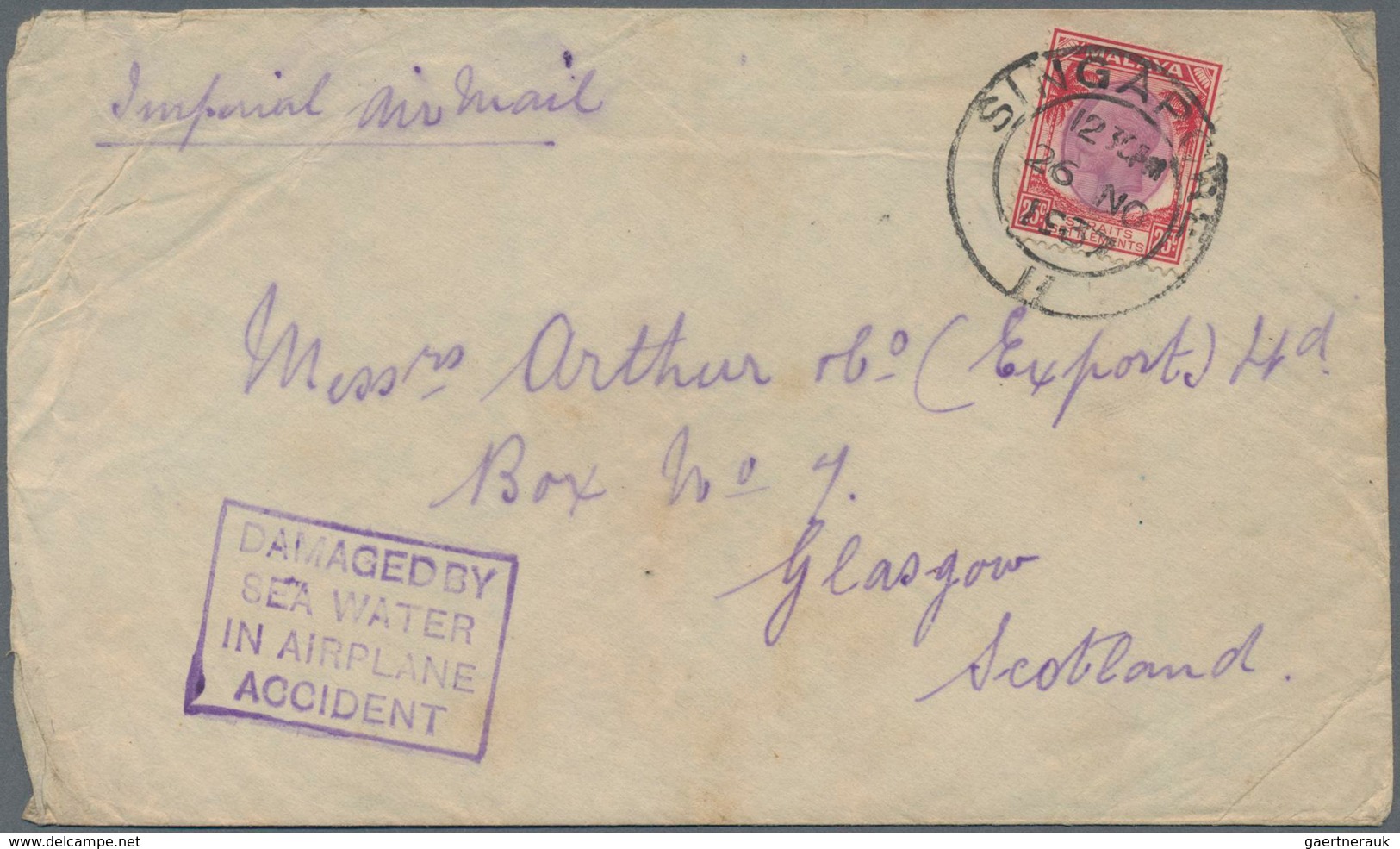 Singapur: 1937 Crash Airmail: Cover From Singapore To Glasgow Franked Straits KGV. 25c Tied By "SING - Singapore (...-1959)