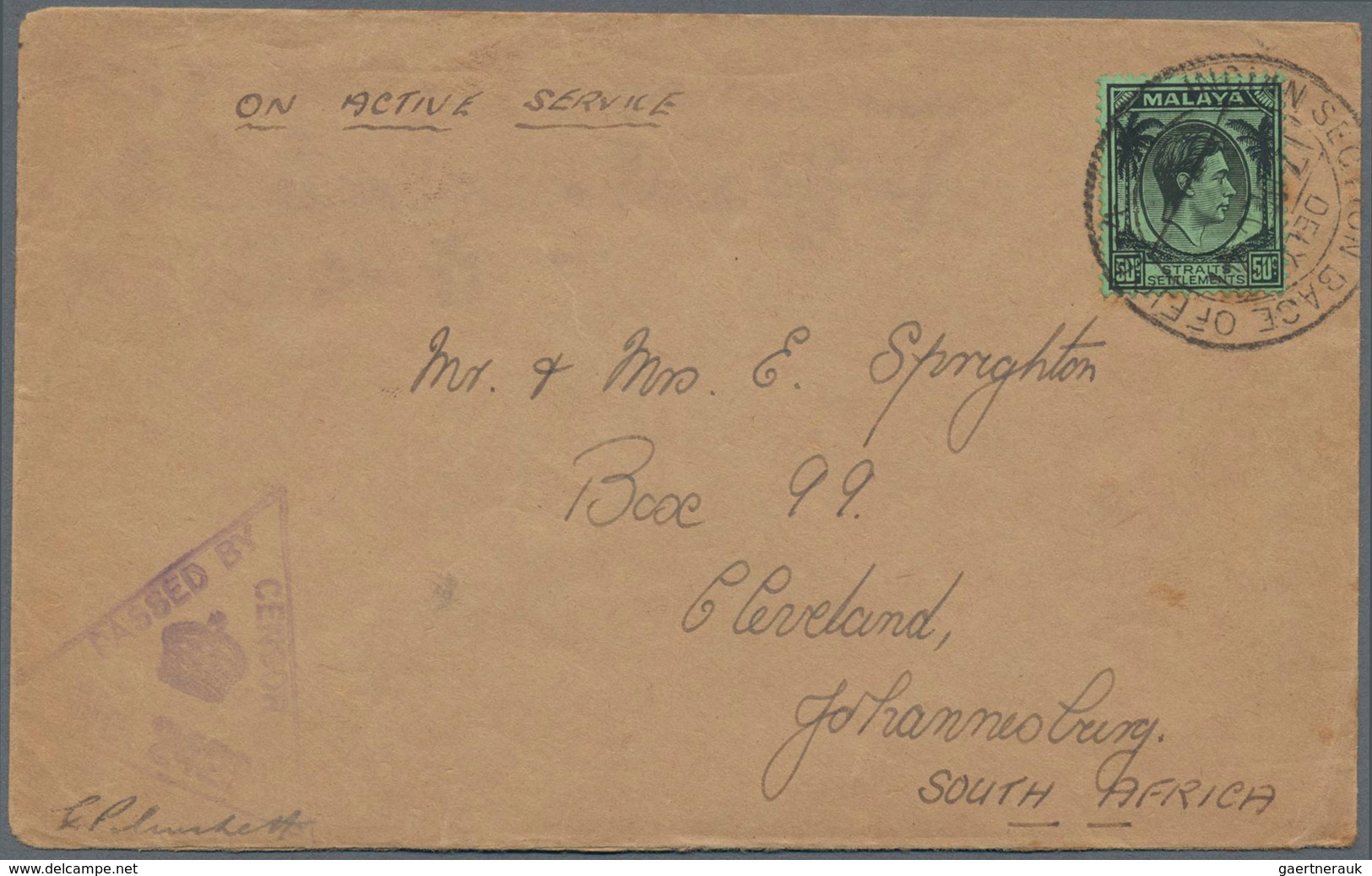Singapur: 1941 O.A.S. Cover From Indian Base Office Singapore To Johannesburg, South Africa, Franked - Singapore (...-1959)