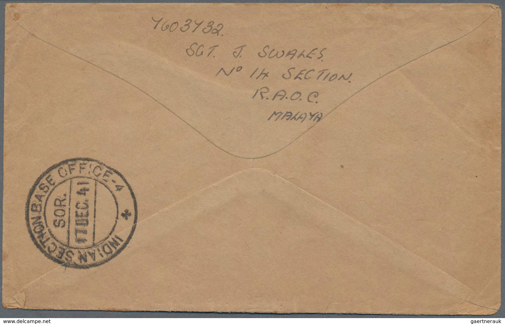 Singapur: 1941 O.A.S. Cover From Indian Base Office Singapore To Johannesburg, South Africa, Franked - Singapore (...-1959)