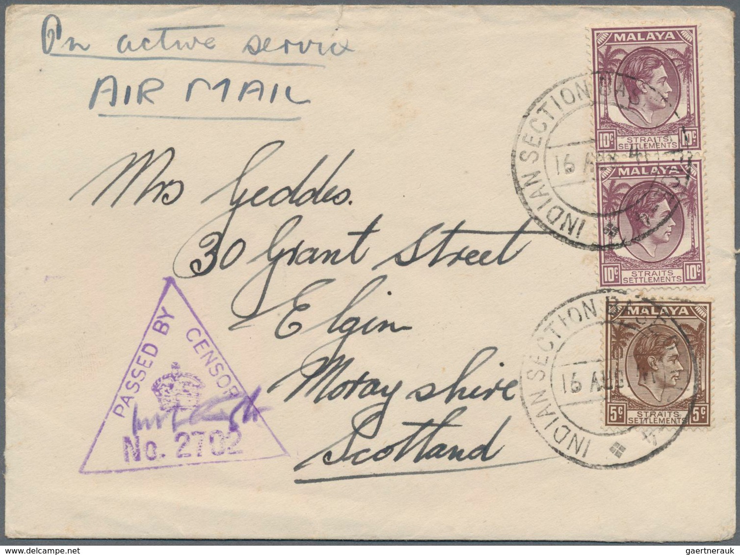 Singapur: 1941 O.A.S. Cover From Indian Base Office Singapore To Elgin, Scotland Franked Straits KGV - Singapur (...-1959)