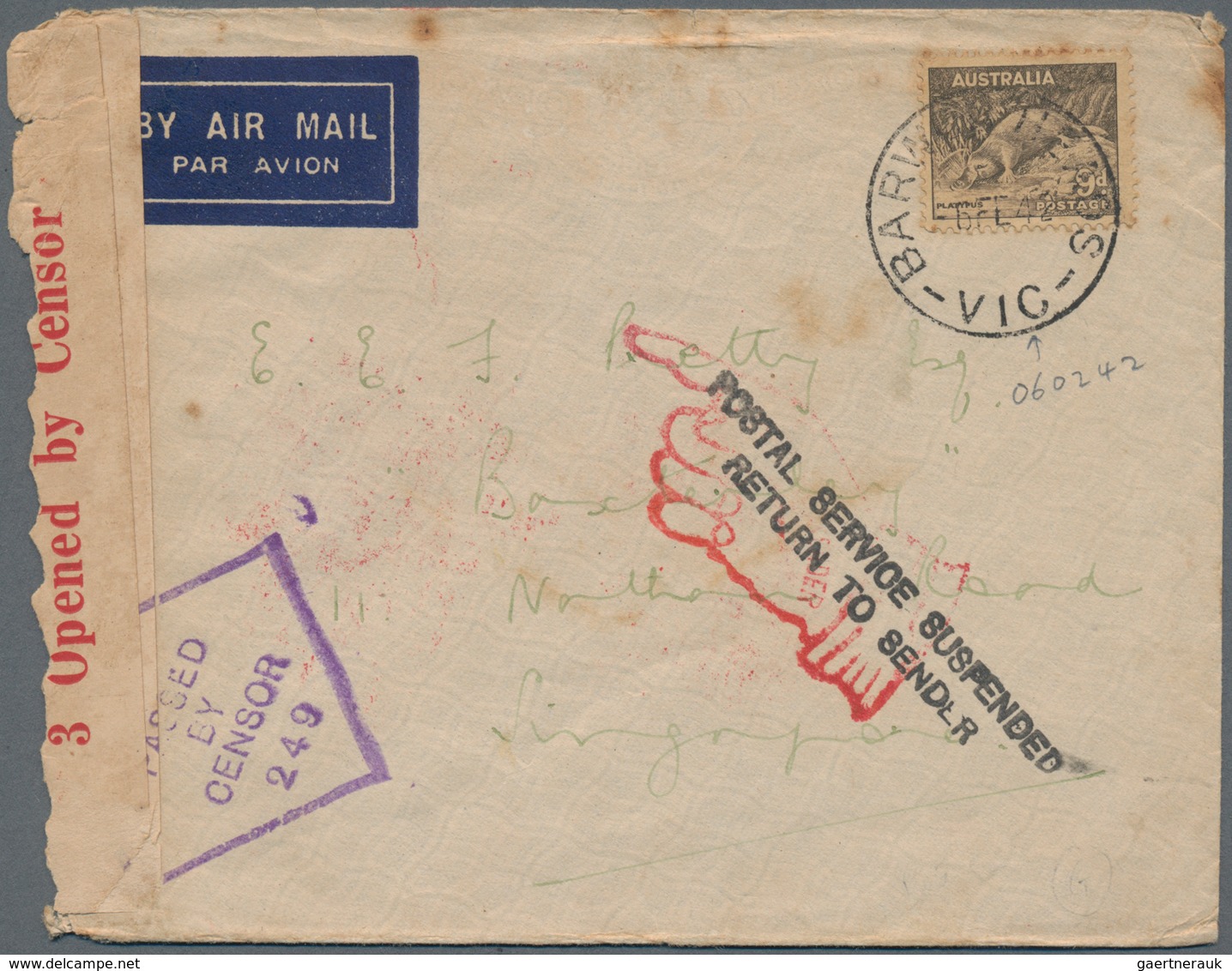Singapur: 1942 Censored Airmail Cover From Australia (despatched 6th Feb. 1942) Addressed To Singapo - Singapore (...-1959)