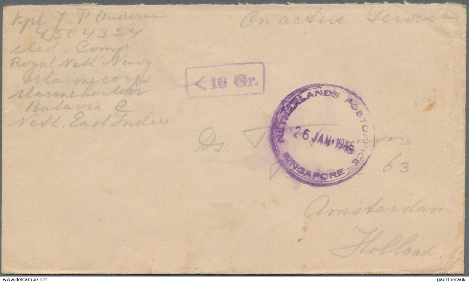 Singapur: 1946, Field Post Letter From A Dutch Soldier To Netherlands With Provisional Rubber Handst - Singapur (...-1959)
