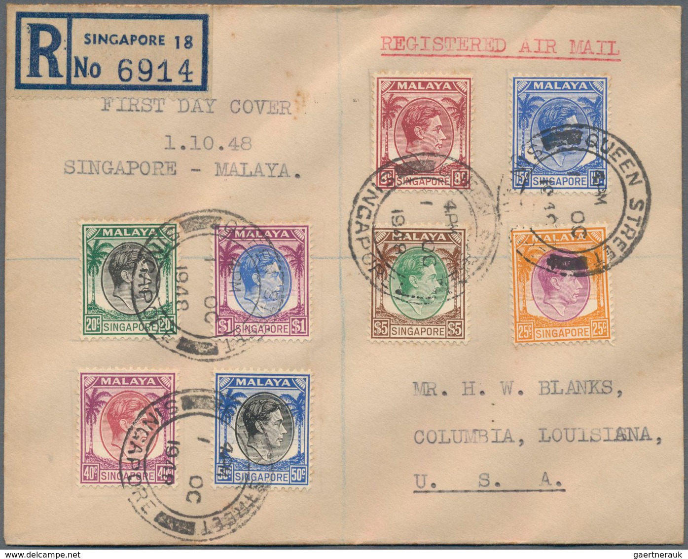 Singapur: 1948 (1st Oct.): First Day Cover Of The Eight KGVI. Stamps Issued On 1st Oct. 1948, From 8 - Singapore (...-1959)