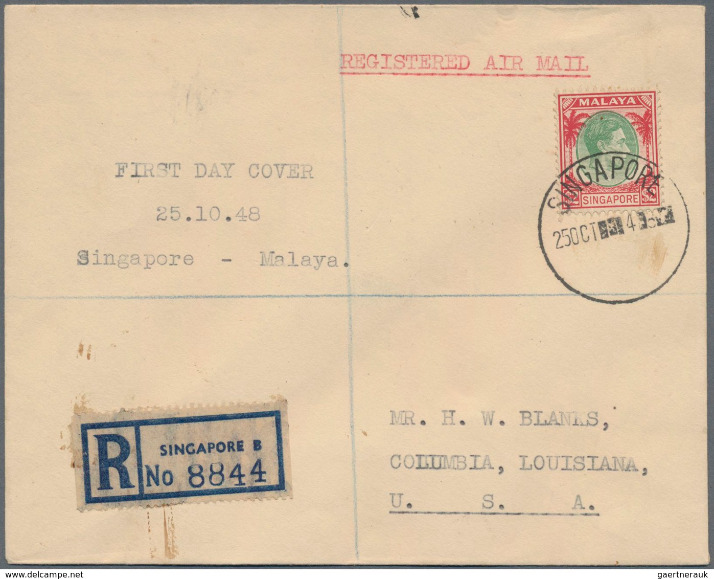 Singapur: 1948 (25th Oct): KGVI. $2 Used On First Day Cover Sent Registered To Columbia, Louisiana, - Singapur (...-1959)