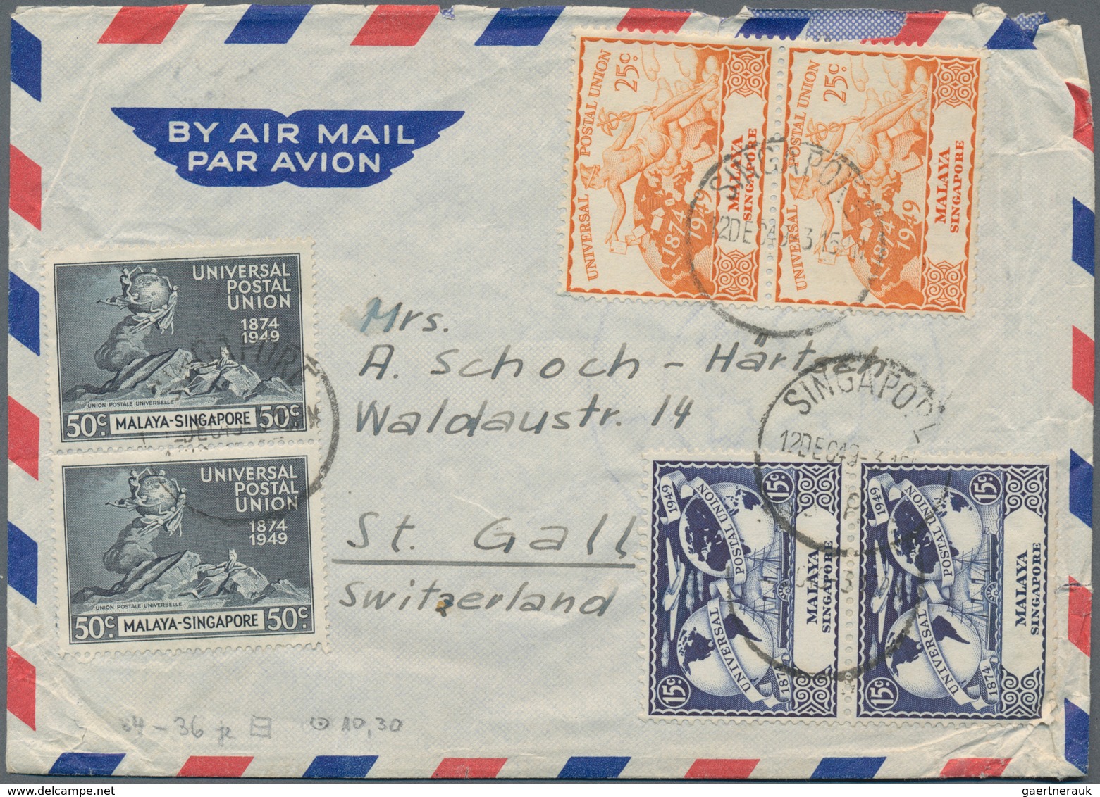 Singapur: 1949-50 Four Airmail Envelopes From Singapore To St. Gallen, Switzerland Including Three R - Singapur (...-1959)