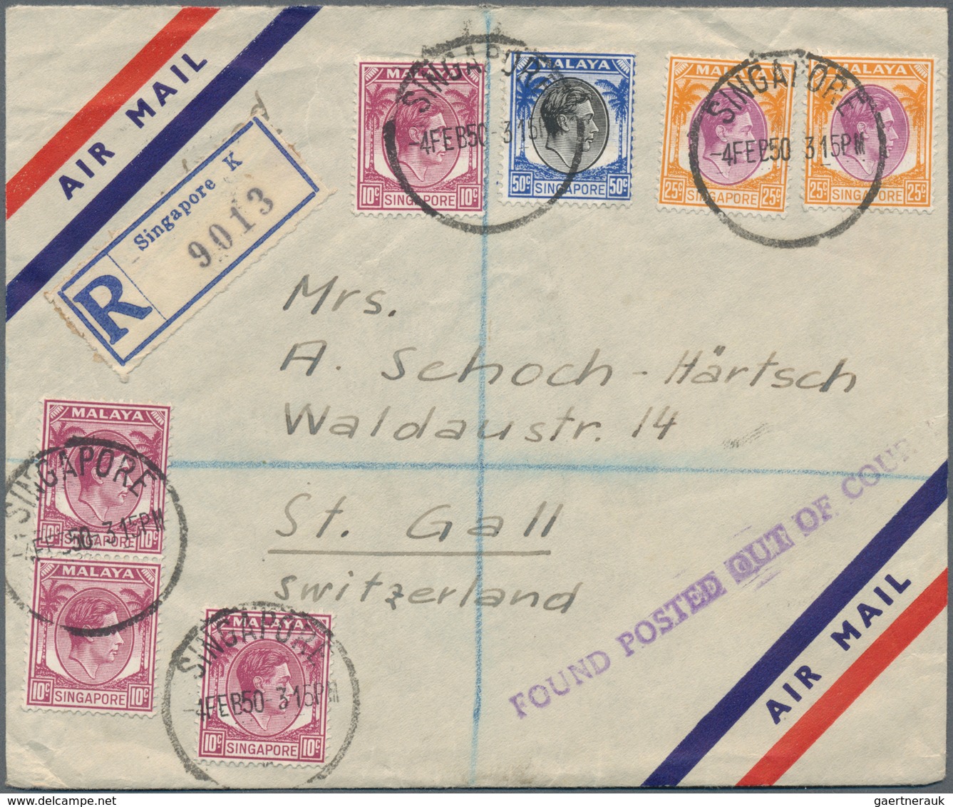 Singapur: 1949-50 Four Airmail Envelopes From Singapore To St. Gallen, Switzerland Including Three R - Singapur (...-1959)