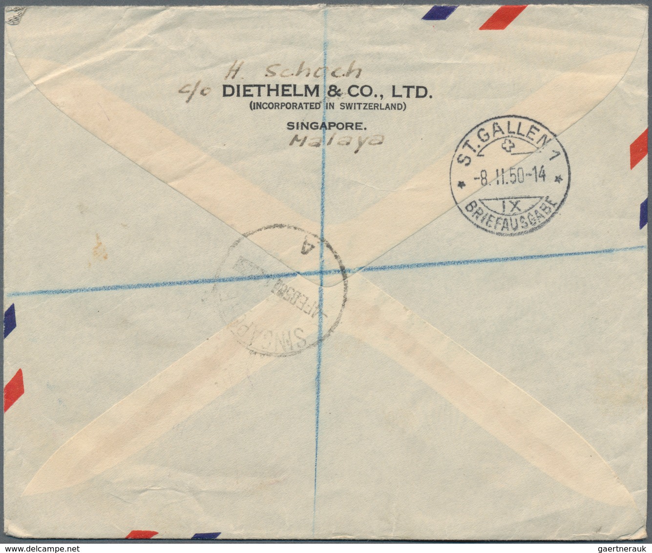 Singapur: 1949-50 Four Airmail Envelopes From Singapore To St. Gallen, Switzerland Including Three R - Singapur (...-1959)