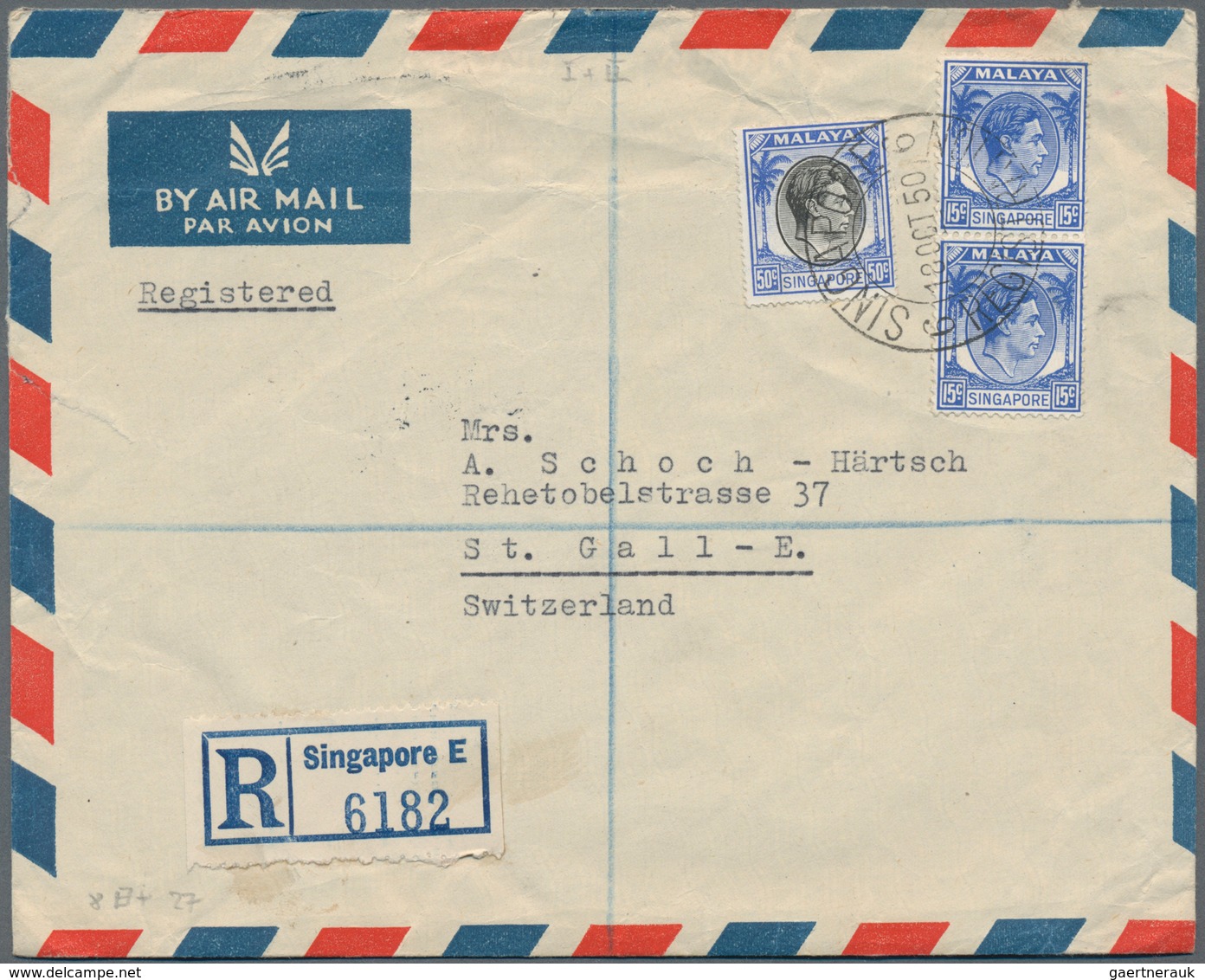 Singapur: 1949-50 Four Airmail Envelopes From Singapore To St. Gallen, Switzerland Including Three R - Singapur (...-1959)