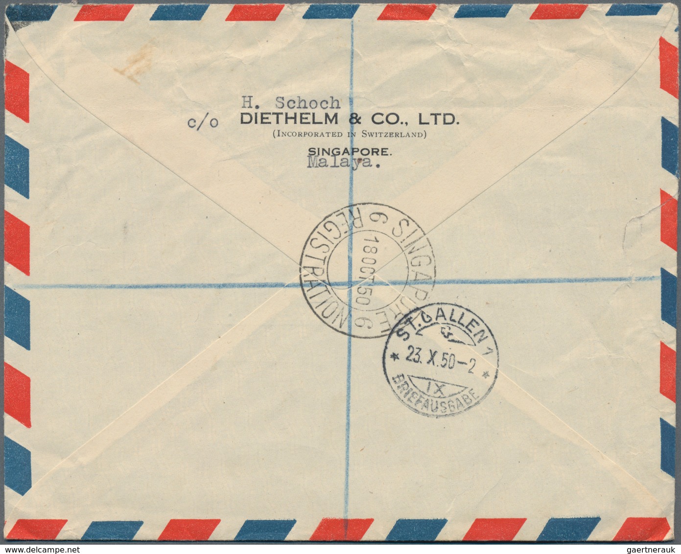 Singapur: 1949-50 Four airmail envelopes from Singapore to St. Gallen, Switzerland including three r