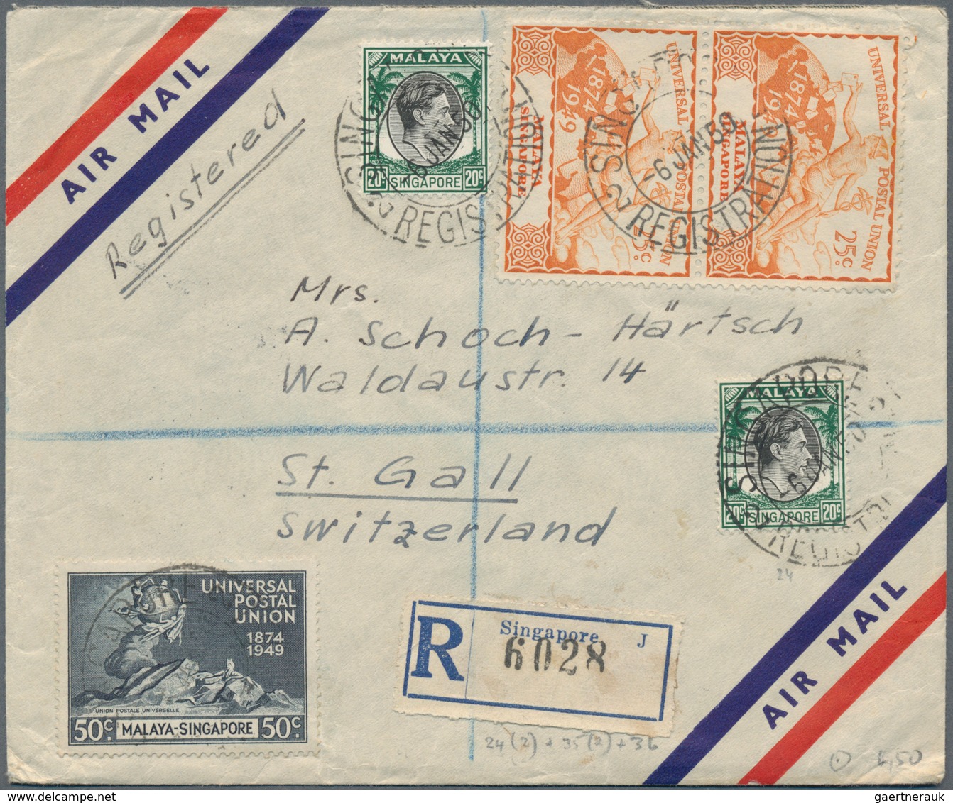 Singapur: 1949-50 Four airmail envelopes from Singapore to St. Gallen, Switzerland including three r