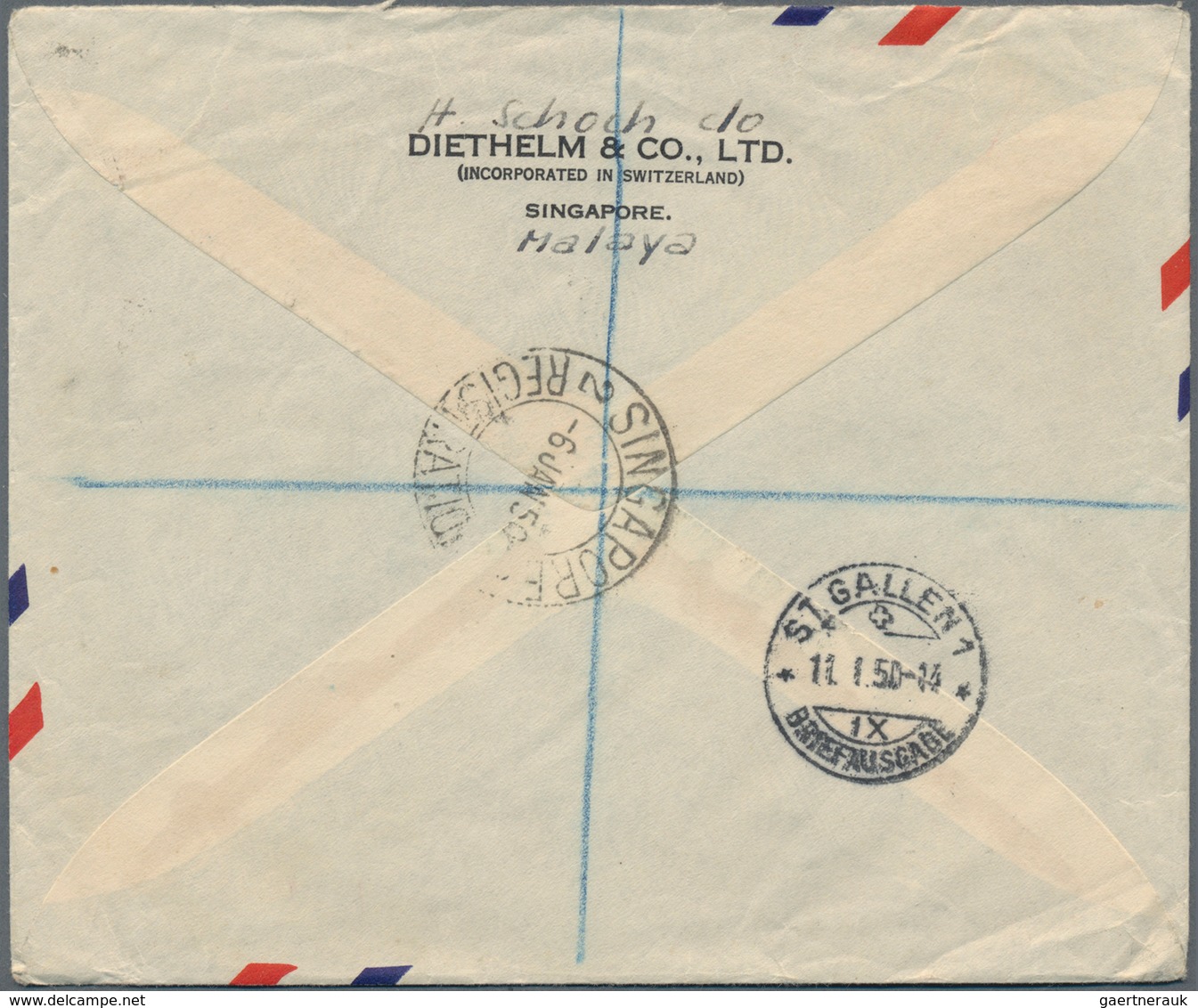 Singapur: 1949-50 Four airmail envelopes from Singapore to St. Gallen, Switzerland including three r