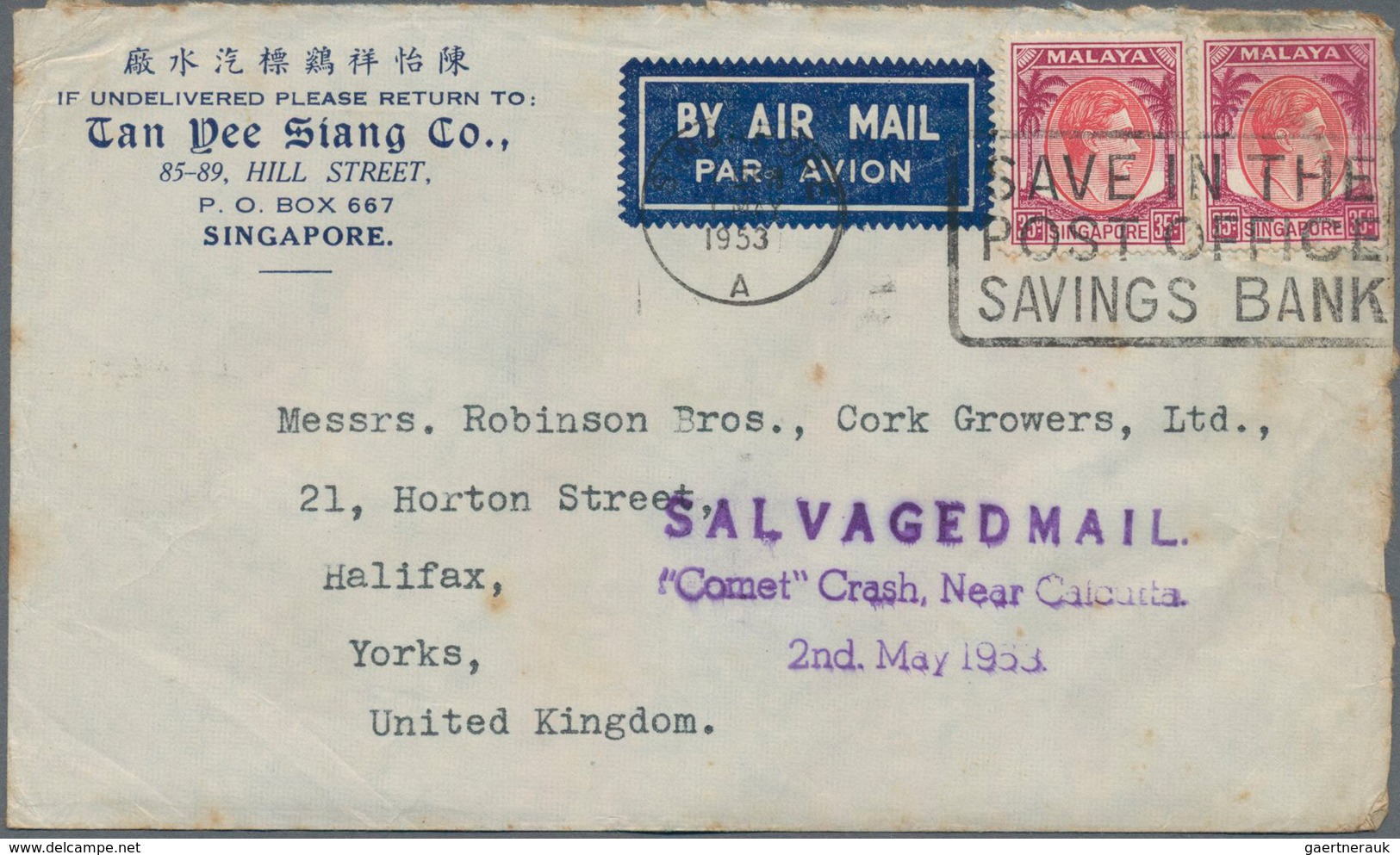 Singapur: 1953 "Comet" Crash Near Calcutta: Airmail Cover From Singapore To U.K., Despatched 1st May - Singapore (...-1959)