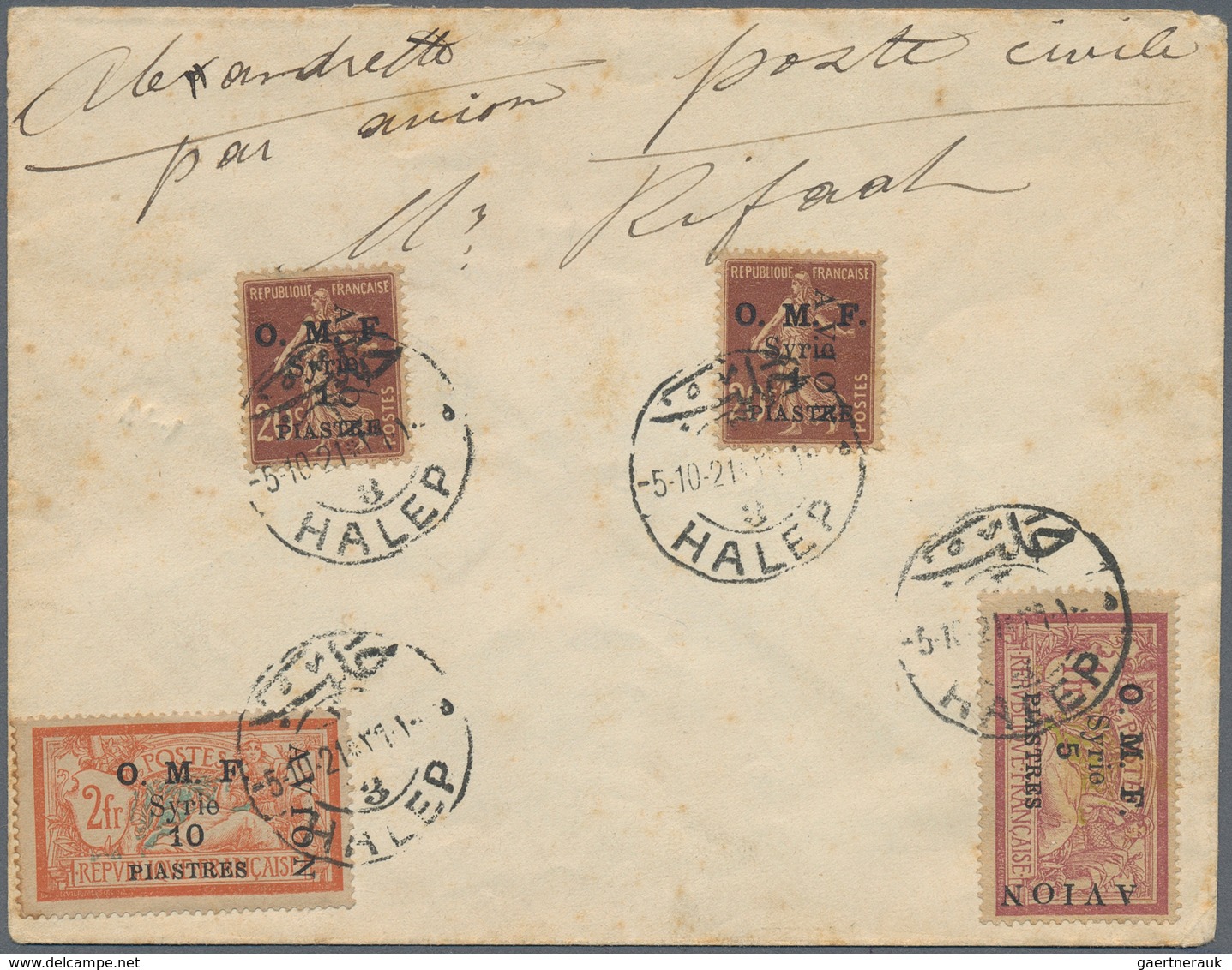 Syrien: 1921, Airmails, Vertical "AVION" Overprints, FIRST DAY COVER (small Faults/min. Toning) Bear - Syrië