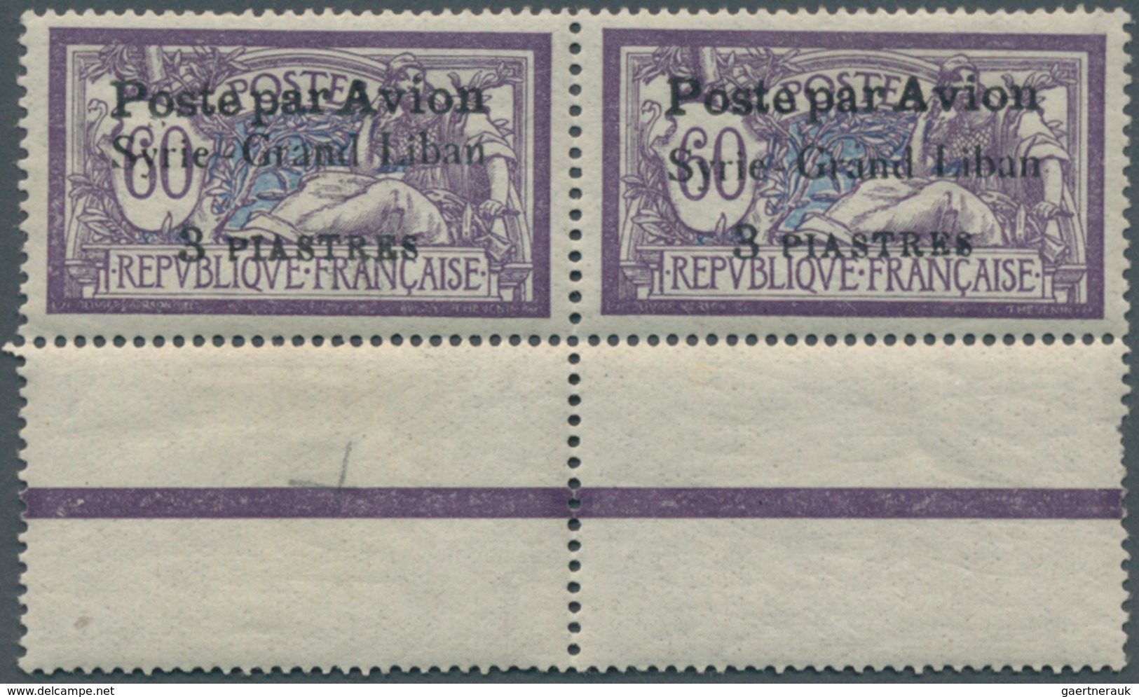 Syrien: 1923, Airmails "Syrie-Grand Liban", Wide Spacing 3¾mm, 3pi. On 60c. Violet/blue, Horiz. Pair - Syrië