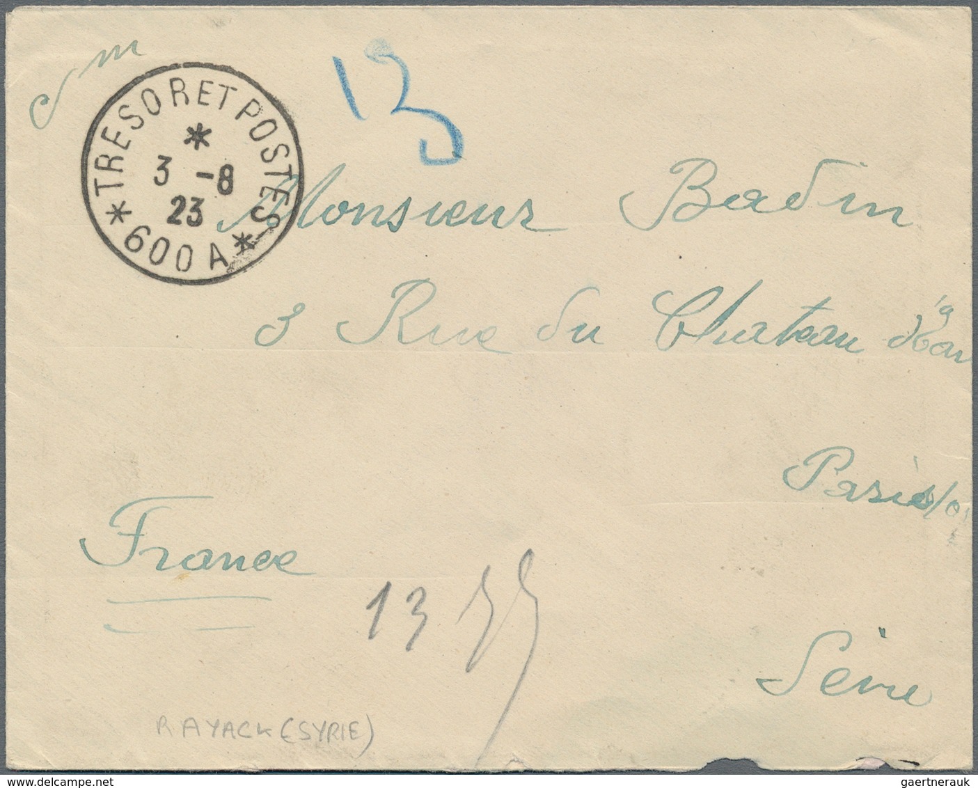 Syrien: 1923, French Military Mail Five Covers Tied By "TRESOR ET POSTES 600A - 3/8/23" Cds., "T.E.P - Siria