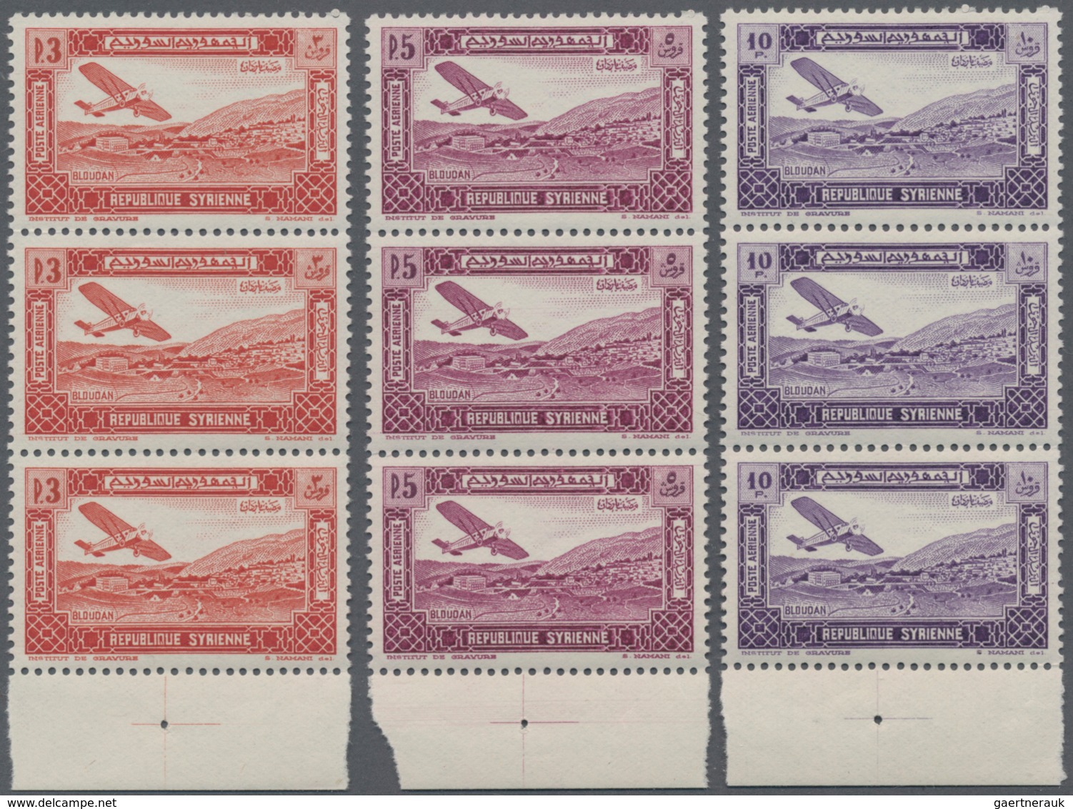 Syrien: 1934, 10 Years Republic Complete Set Of Ten Airmail Stamps To 100pia. In Vertical Strips Of - Syrië